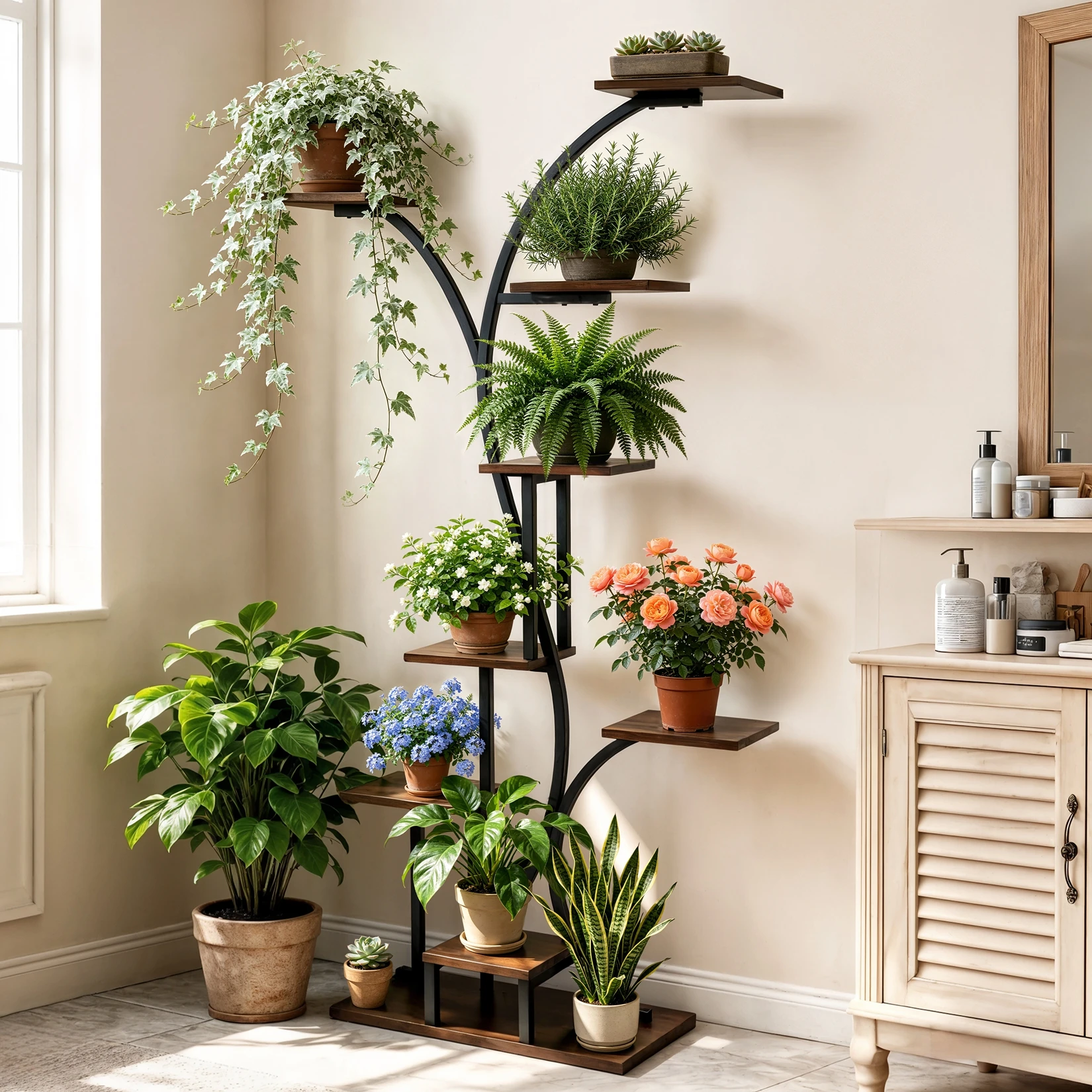 Industrial Tree-Shaped Plant Stand Display Storage Rack Corner Flowers Shelf Holder