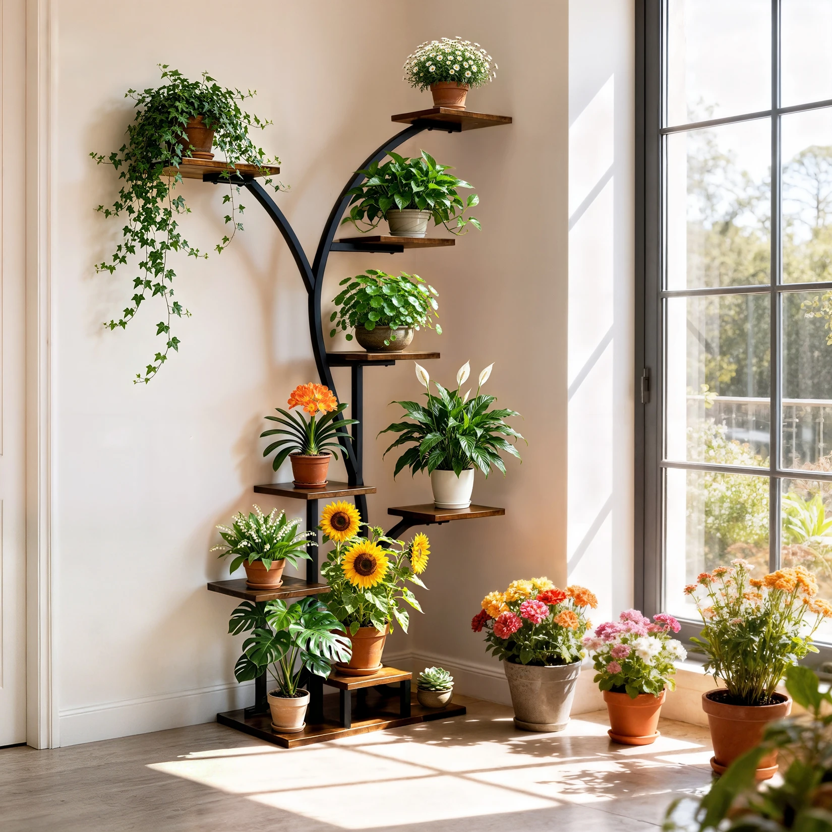Industrial Tree-Shaped Plant Stand Display Storage Rack Corner Flowers Shelf Holder