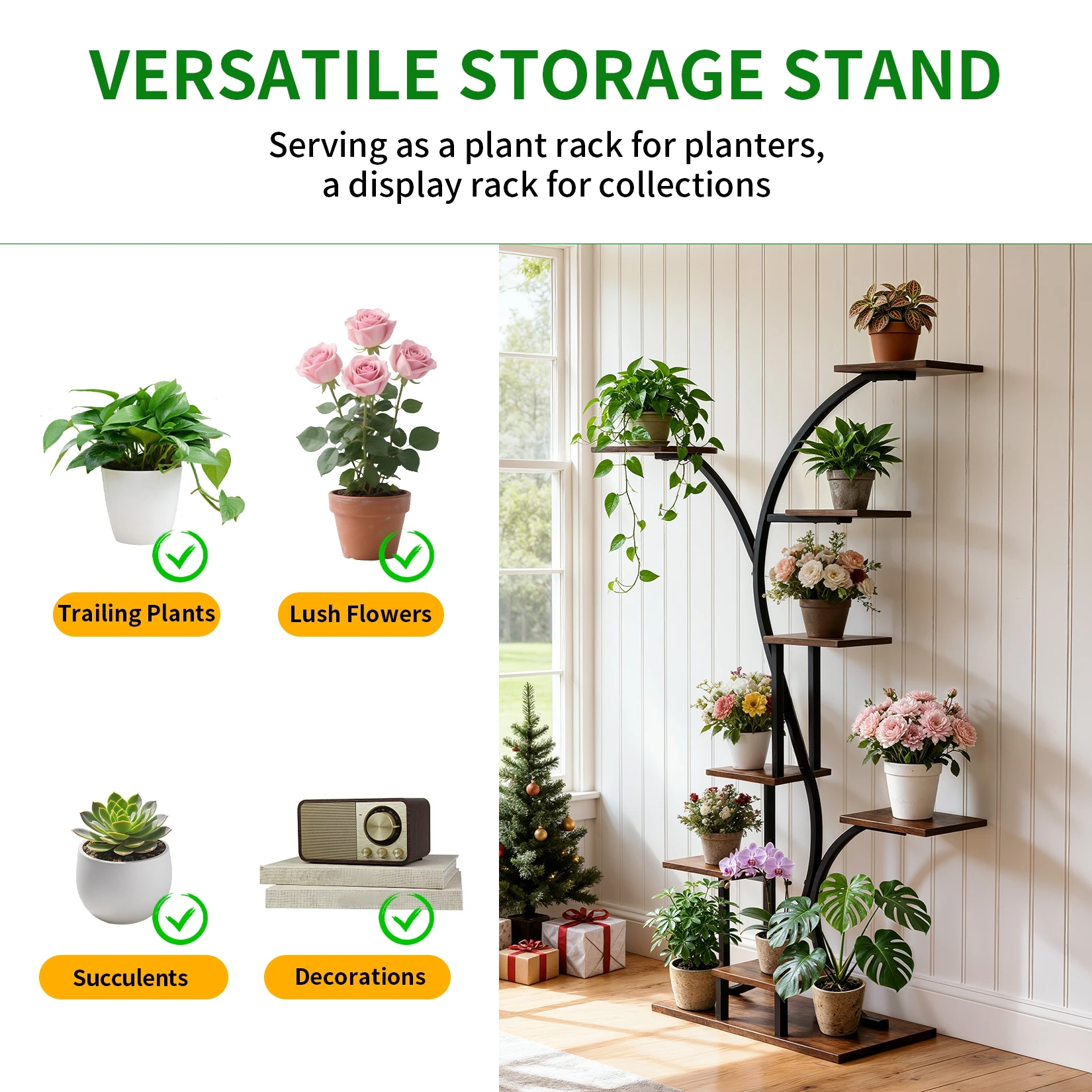 Industrial Tree-Shaped Plant Stand Display Storage Rack Corner Flowers Shelf Holder