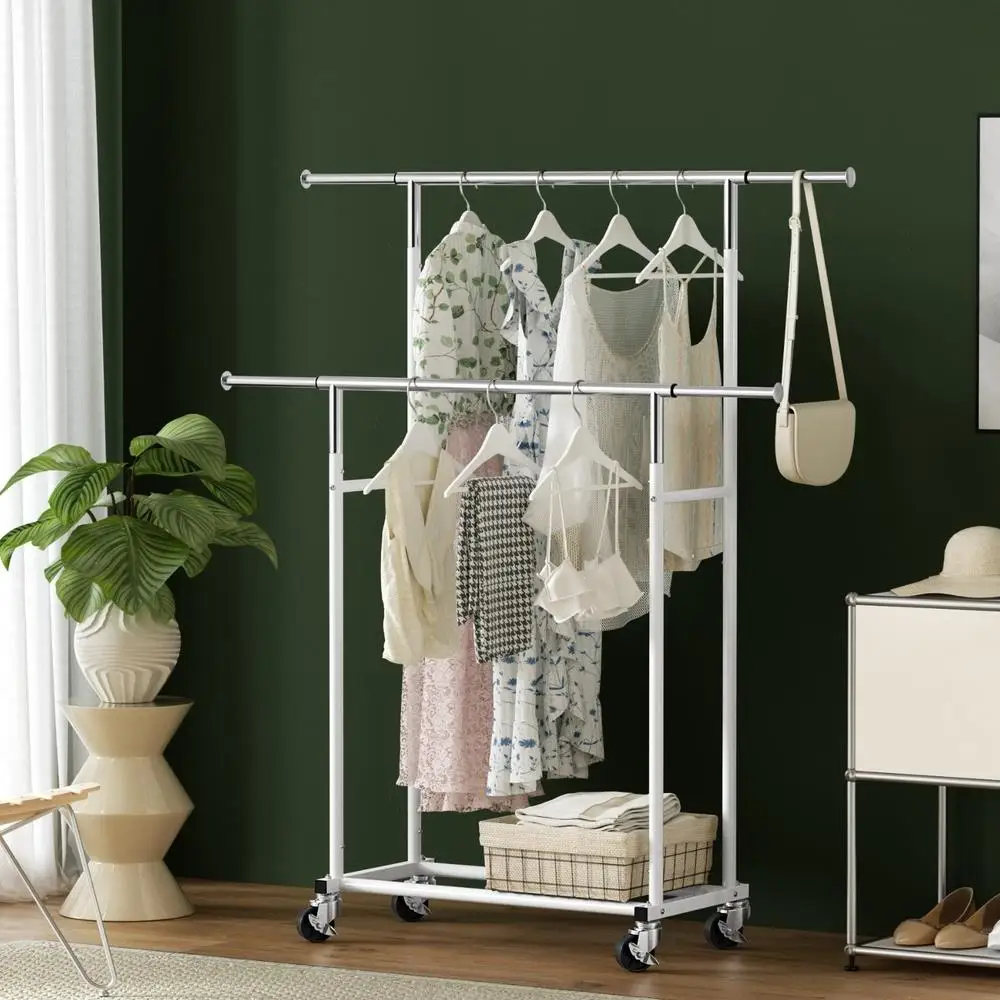 Double Rod Adjustable Clothes Rack Garment Airer Rail Coat Stand Portable Hanger Organizer Drying Storage Rack
