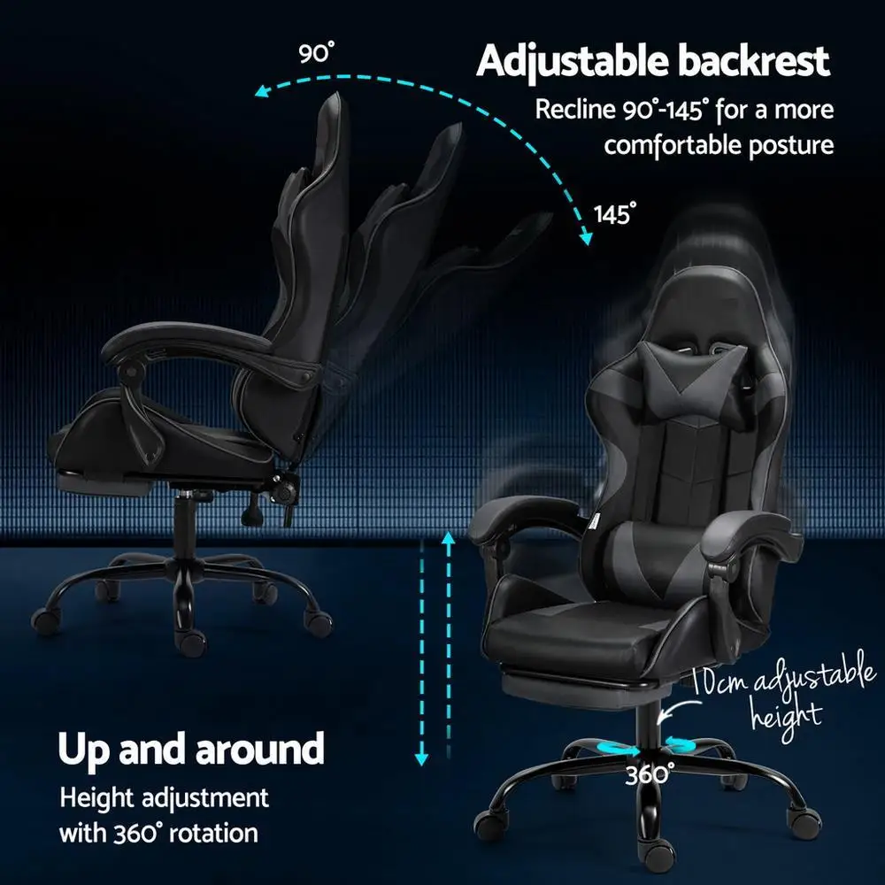 Ergonomic Gaming Office Chair with 2 Point Massage Footrest Grey