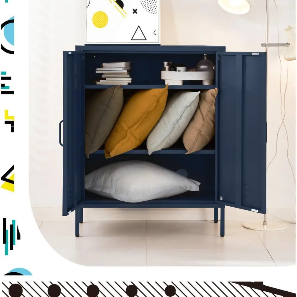 Modern Blue Metal Buffet Sideboard Storage Cabinet with Adjustable Shelves for Dining Room and Kitchen