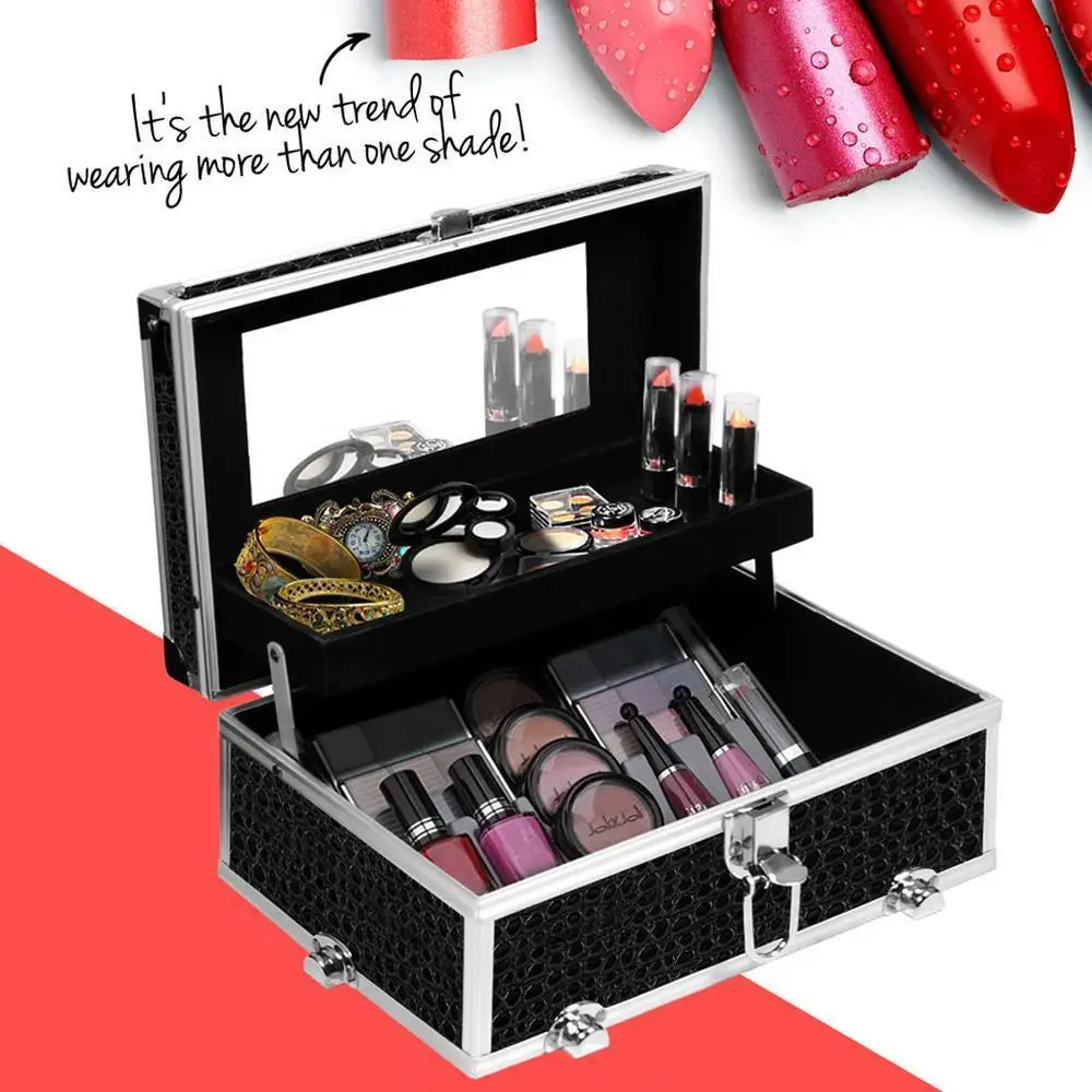 Portable Cosmetic Makeup Carry Case with Mirror Crocodile Black Travel Beauty Organizer Box