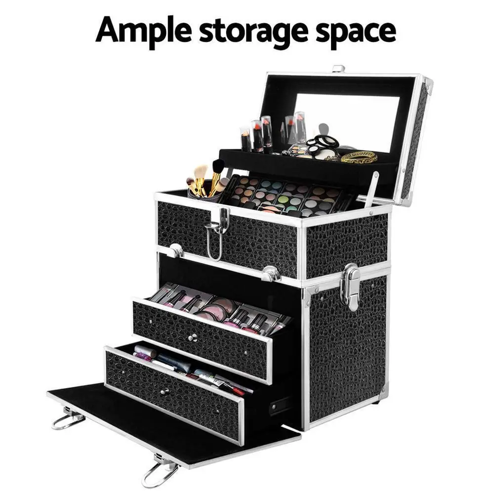 Portable Cosmetic Makeup Carry Case with Mirror Crocodile Black Travel Beauty Organizer Box