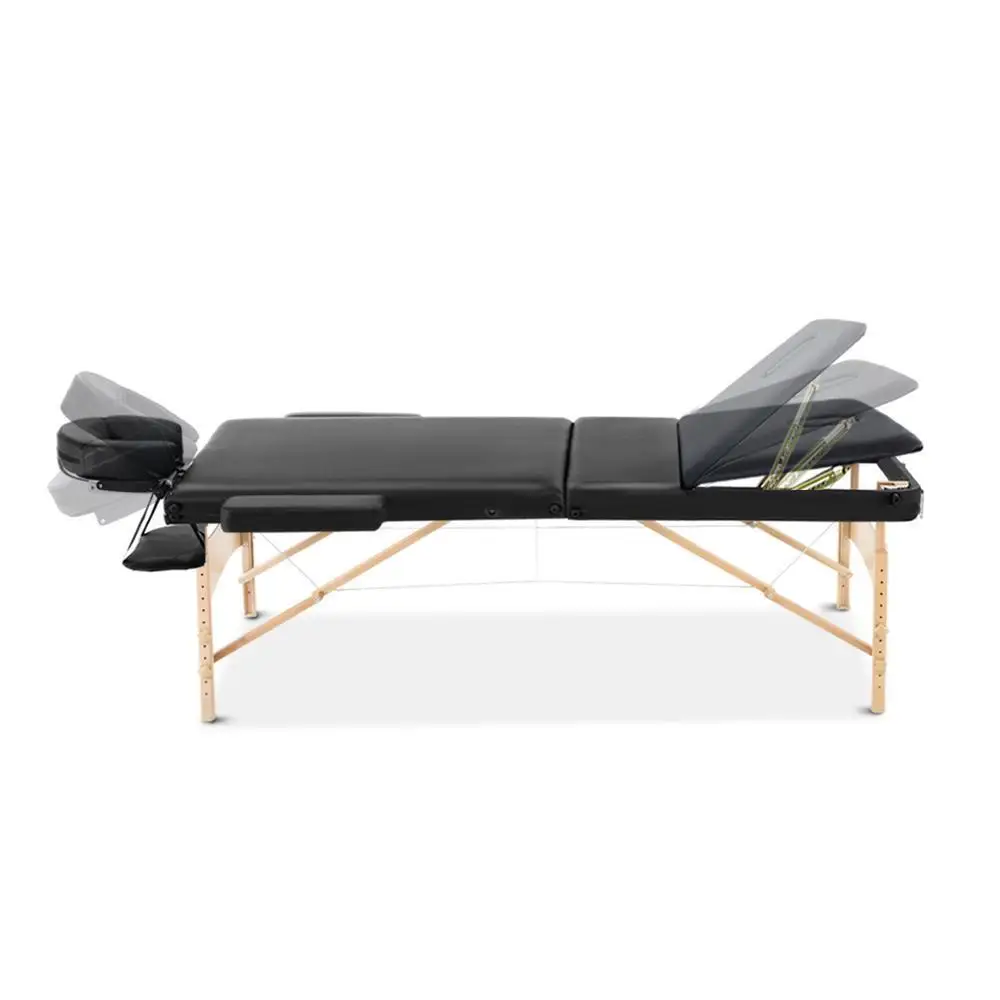 Portable 75cm 3 Fold Wooden Massage Table Beauty Bed Black Foldable Spa Treatment Table
