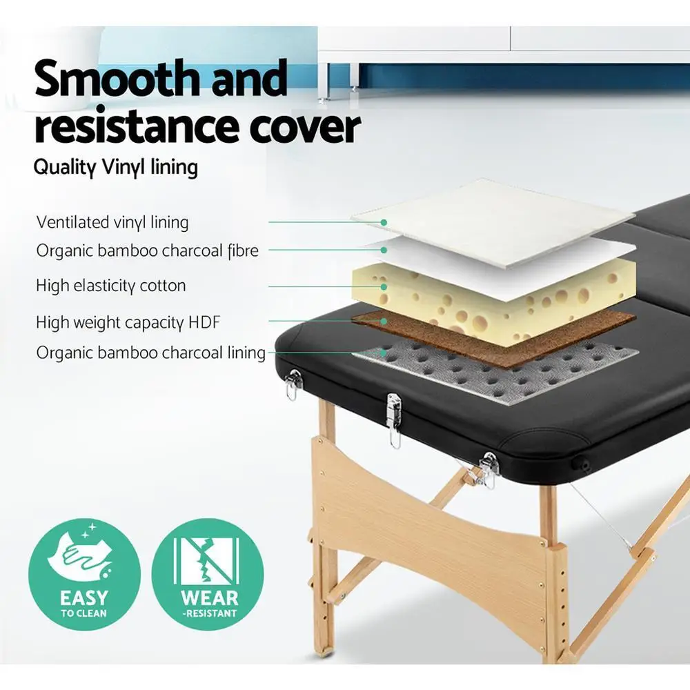 Portable 75cm 3 Fold Wooden Massage Table Beauty Bed Black Foldable Spa Treatment Table