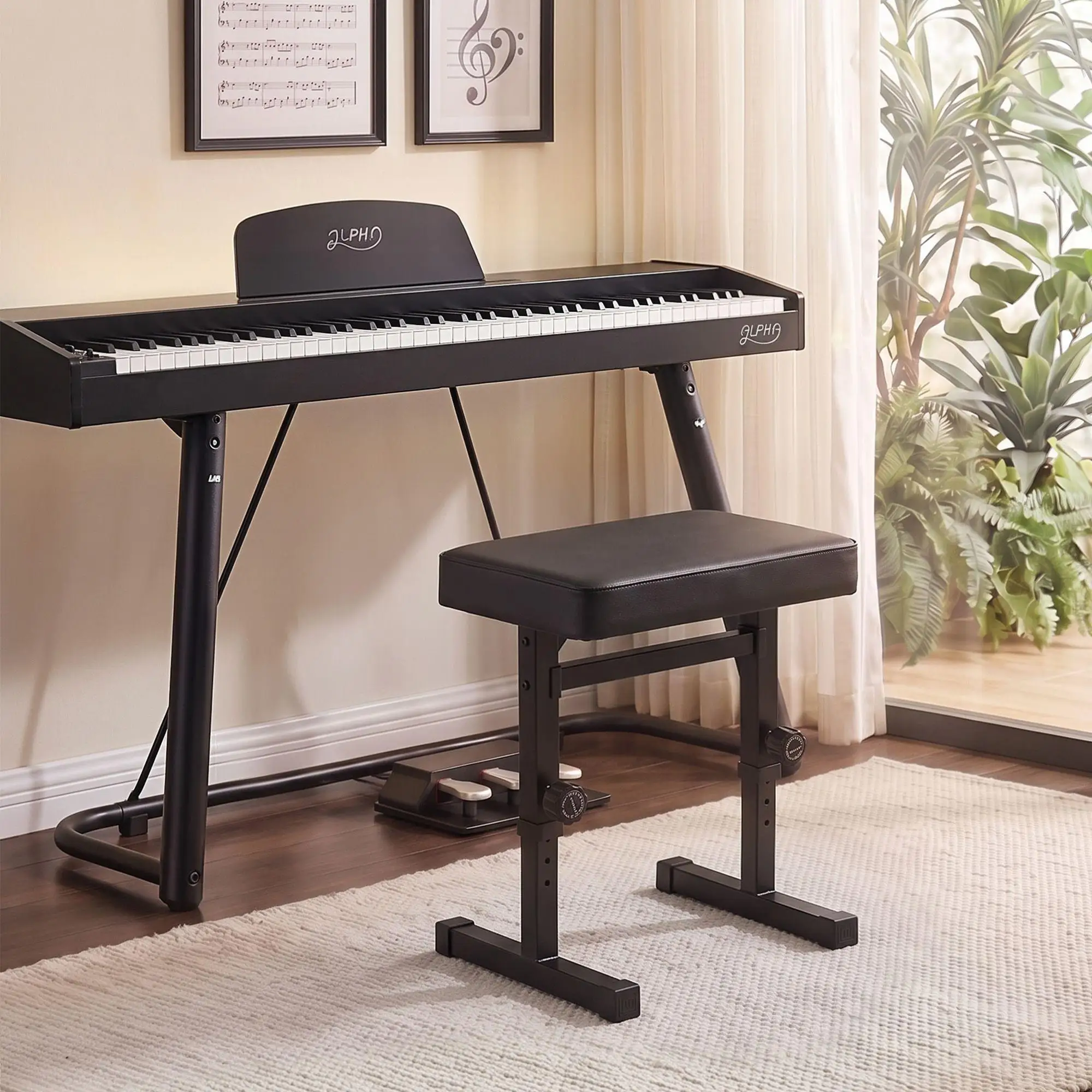 Heavy Duty Height Adjustable Piano Bench Seat H Shape Stool Black