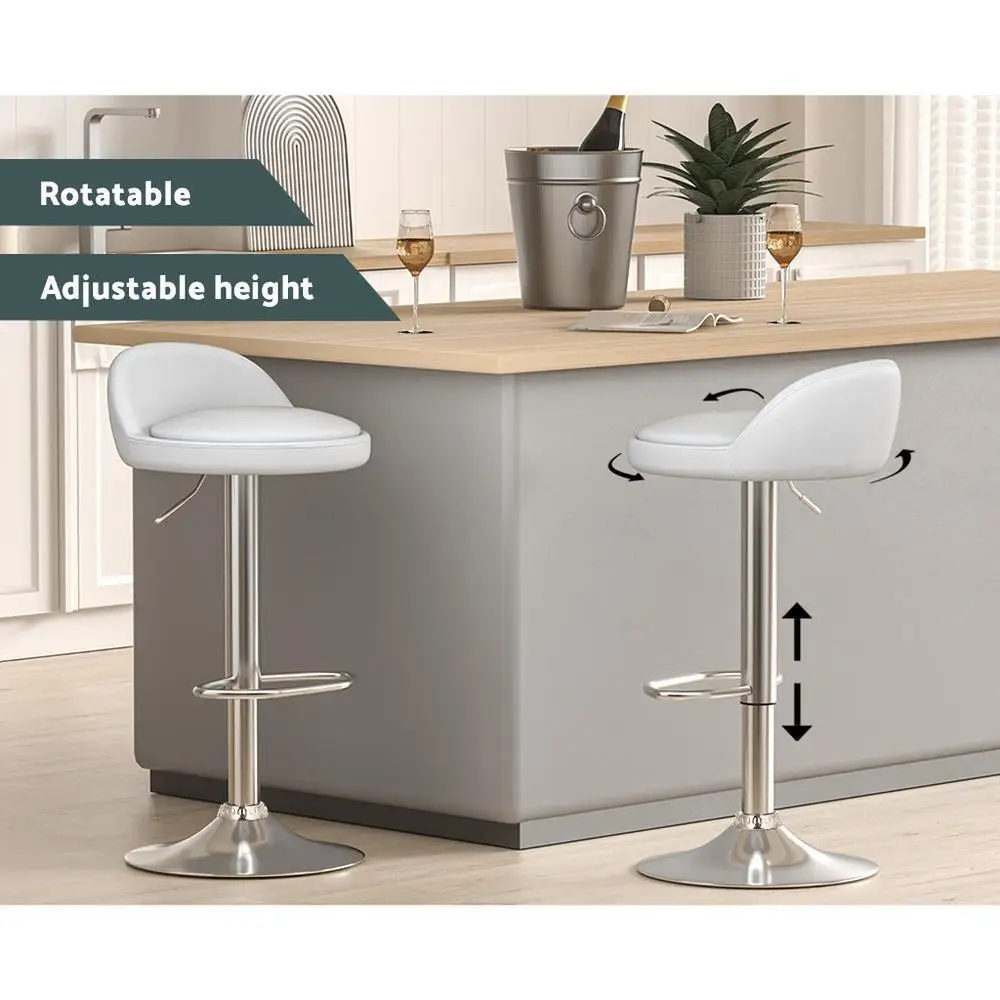 Set of 2 Adjustable PU Leather Bar Stools Gas Lift White Kitchen Counter Chairs