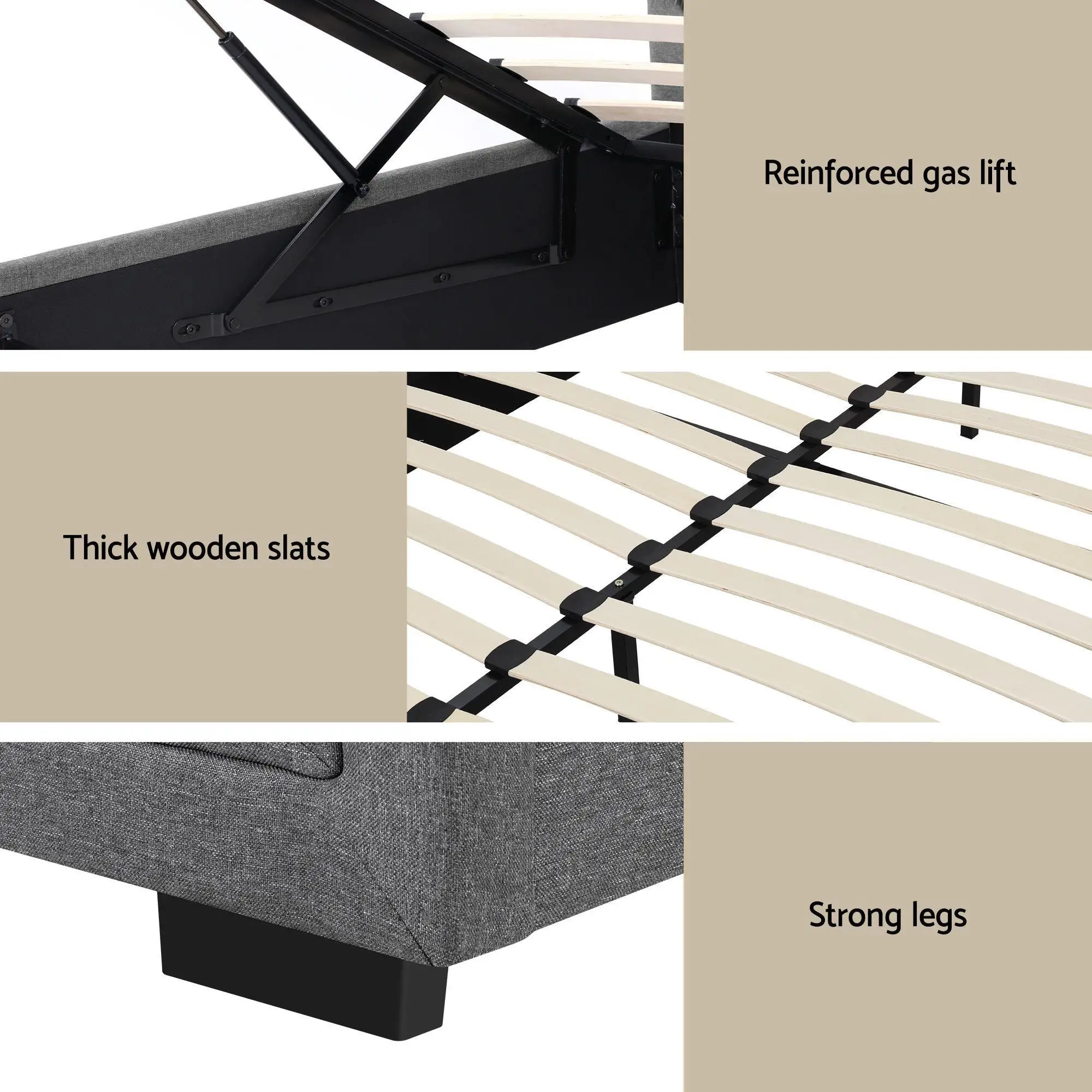 Upholstered Queen Gas Lift Storage Bed Frame with 2 Drawer Bedside Table Set Modern Space Saving Bedroom Furniture Set