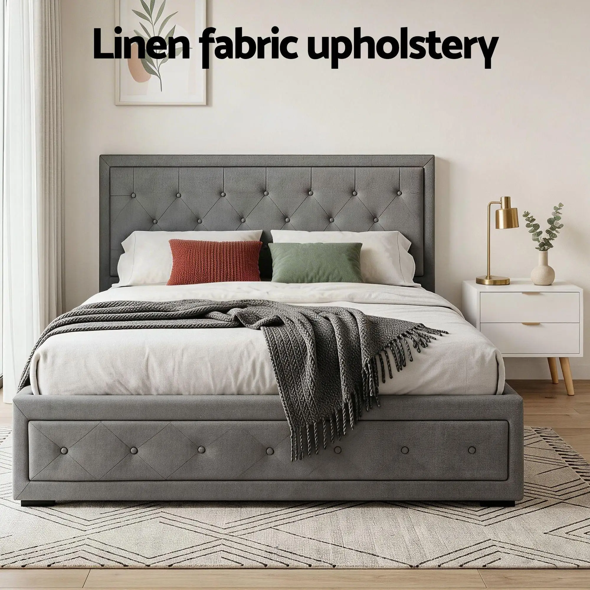 Upholstered Queen Gas Lift Storage Bed Frame with 2 Drawer Bedside Table Set Modern Space Saving Bedroom Furniture Set