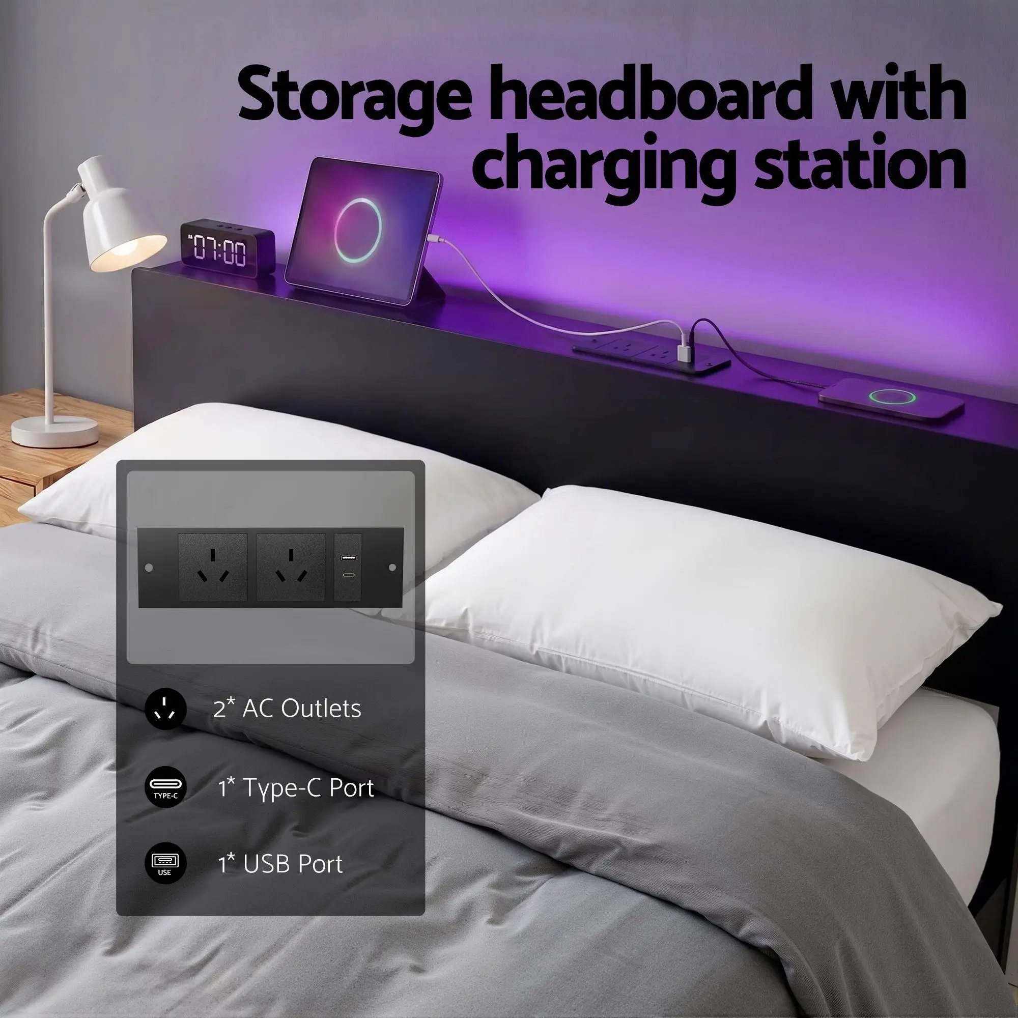 Queen Size LED Metal Bed Frame with Charging Station Sturdy Platform Bed Base Modern Bedroom Furniture