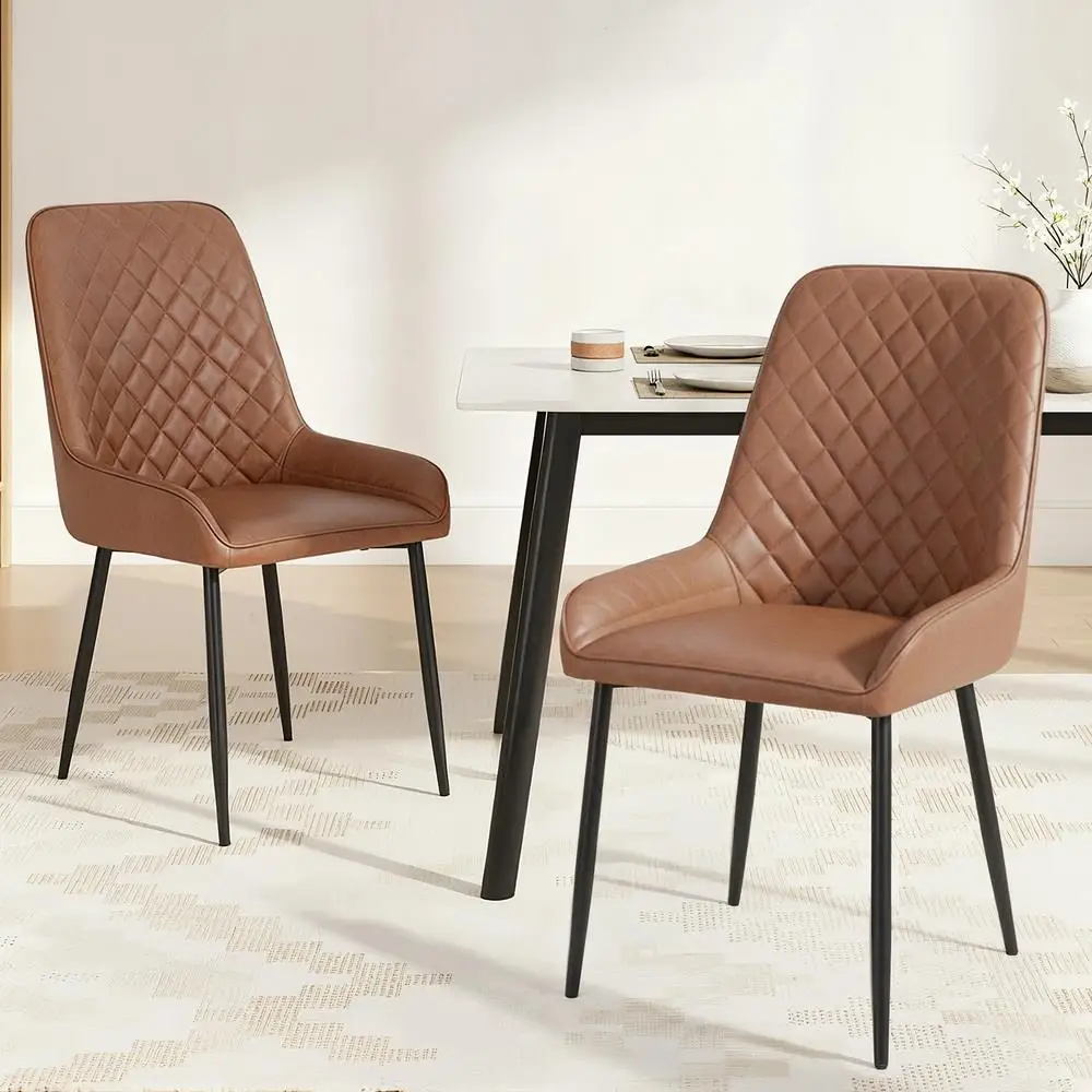 Set of 2 Retro PU Leather Dining Chairs Brown Upholstered Kitchen Lounge Accent Chairs Modern Home Cafe Seating