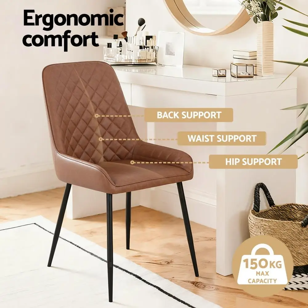 Set of 2 Retro PU Leather Dining Chairs Brown Upholstered Kitchen Lounge Accent Chairs Modern Home Cafe Seating