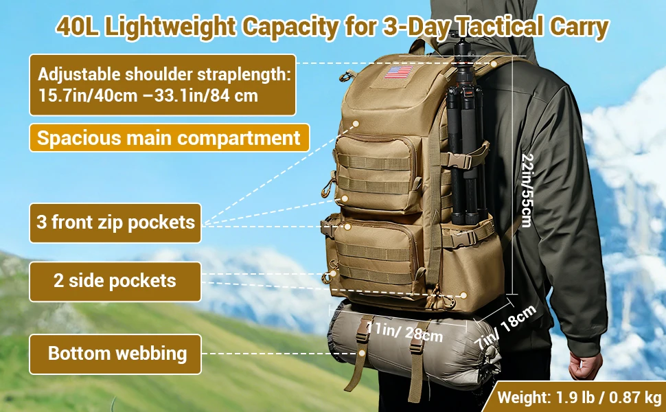 40L Tactical Backpack for Men, Military Molle Assault Pack with Laptop Compartment, Waterproof Slim Rucksack Daypack for Hiking Camping Travel Outdoor Work School