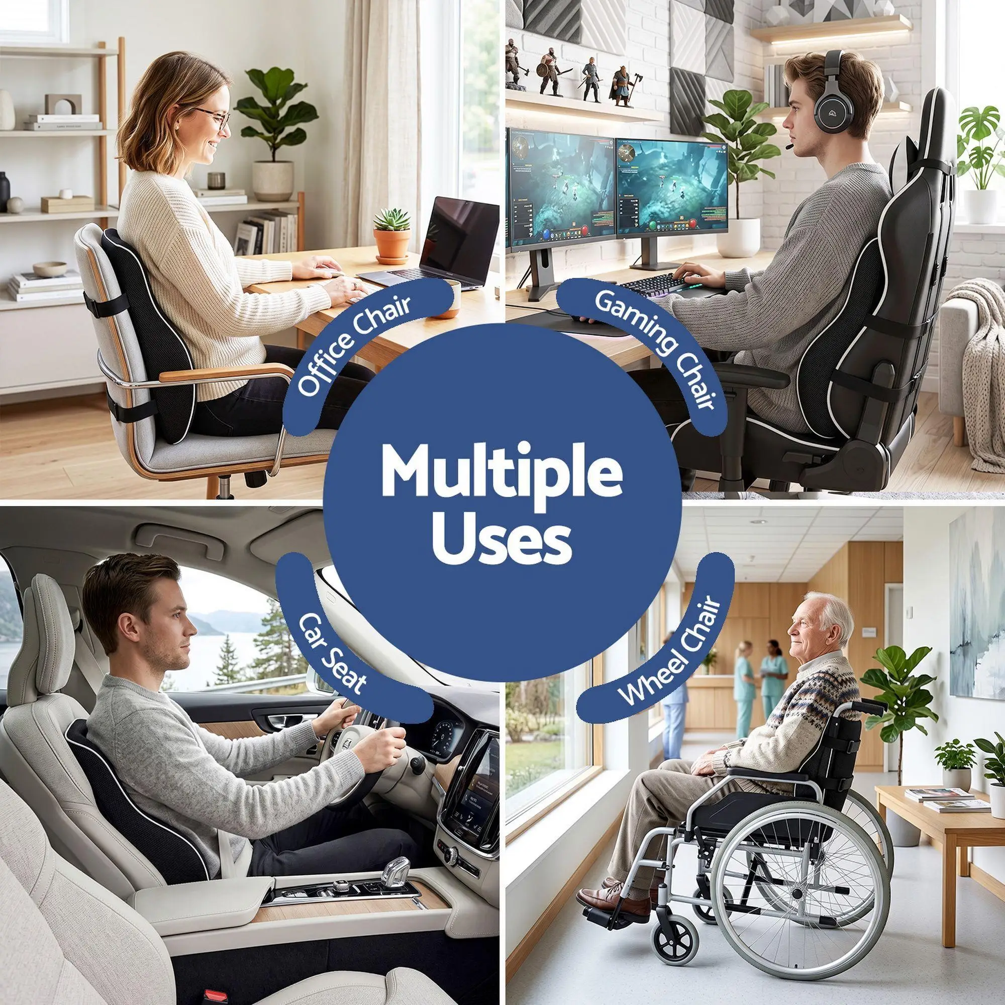 Ergonomic Memory Foam Lumbar Support Cushion for office Chair Car and Home Breathable for back Pillow with Adjustable Straps