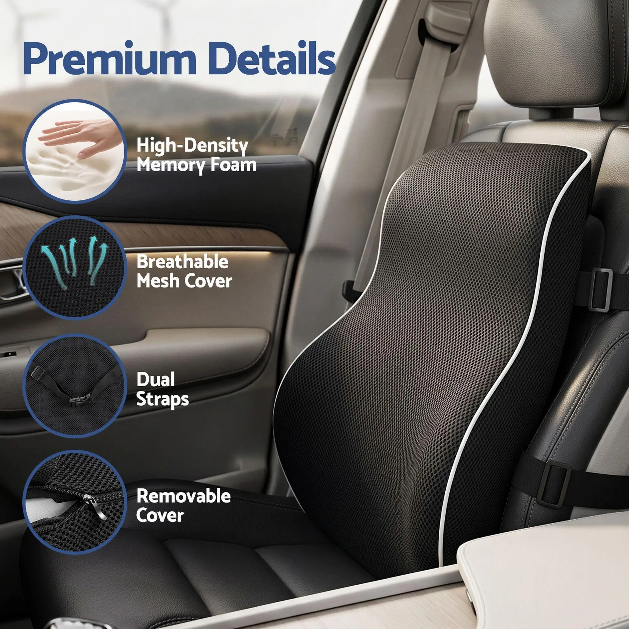 Ergonomic Memory Foam Lumbar Support Cushion for office Chair Car and Home Breathable for back Pillow with Adjustable Straps