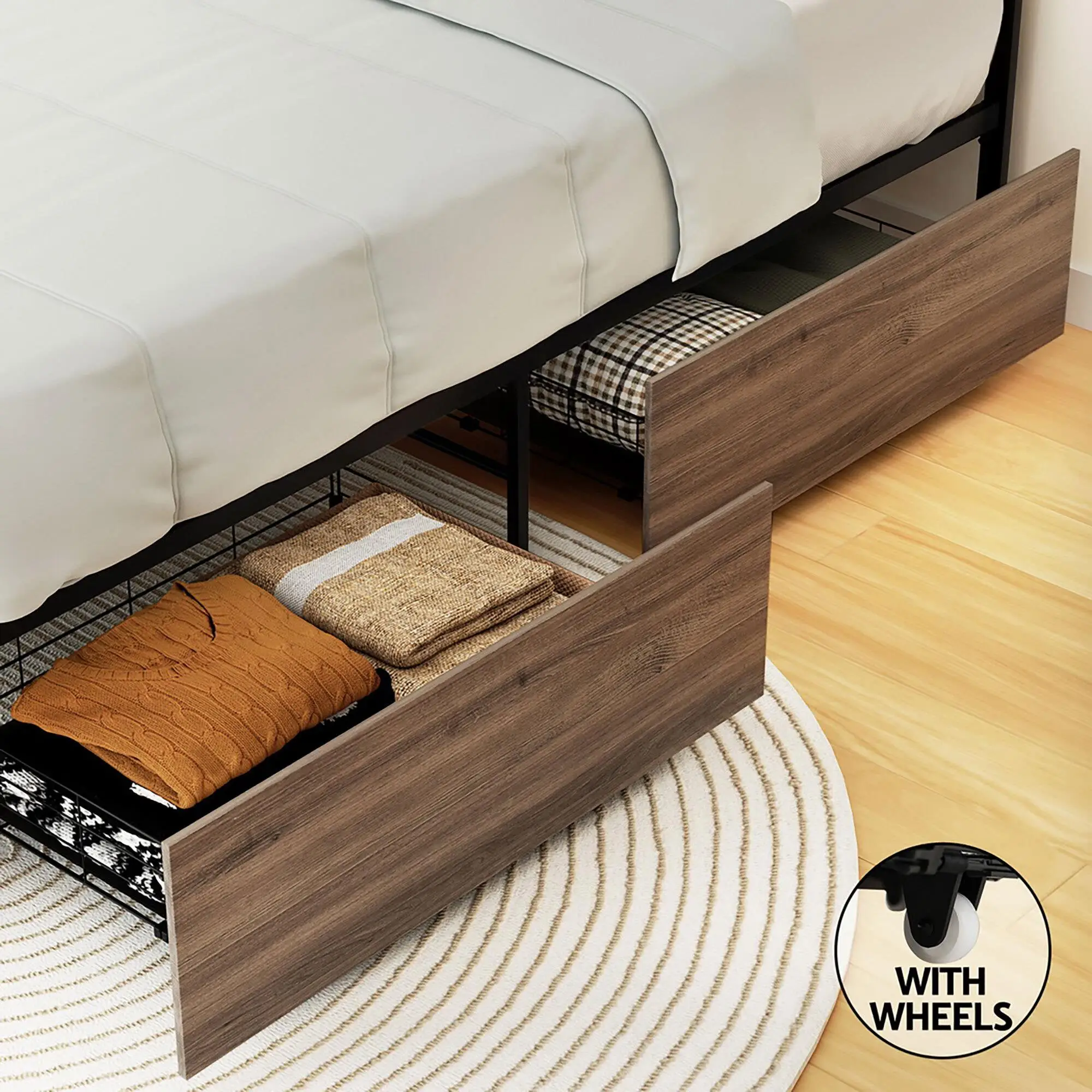Queen Size Metal Bed Frame with 2 Storage Drawers Oslo Style Platform Bed Base