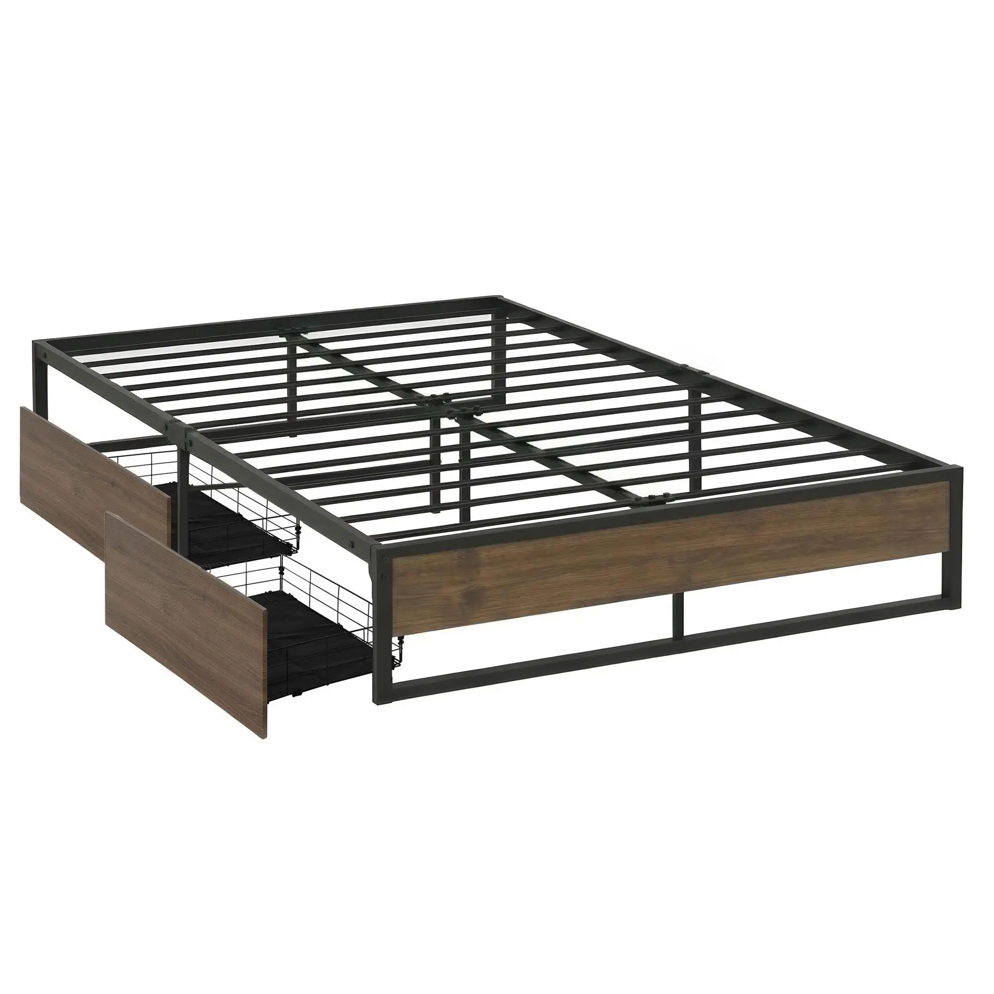 Queen Size Metal Bed Frame with 2 Storage Drawers Oslo Style Platform Bed Base