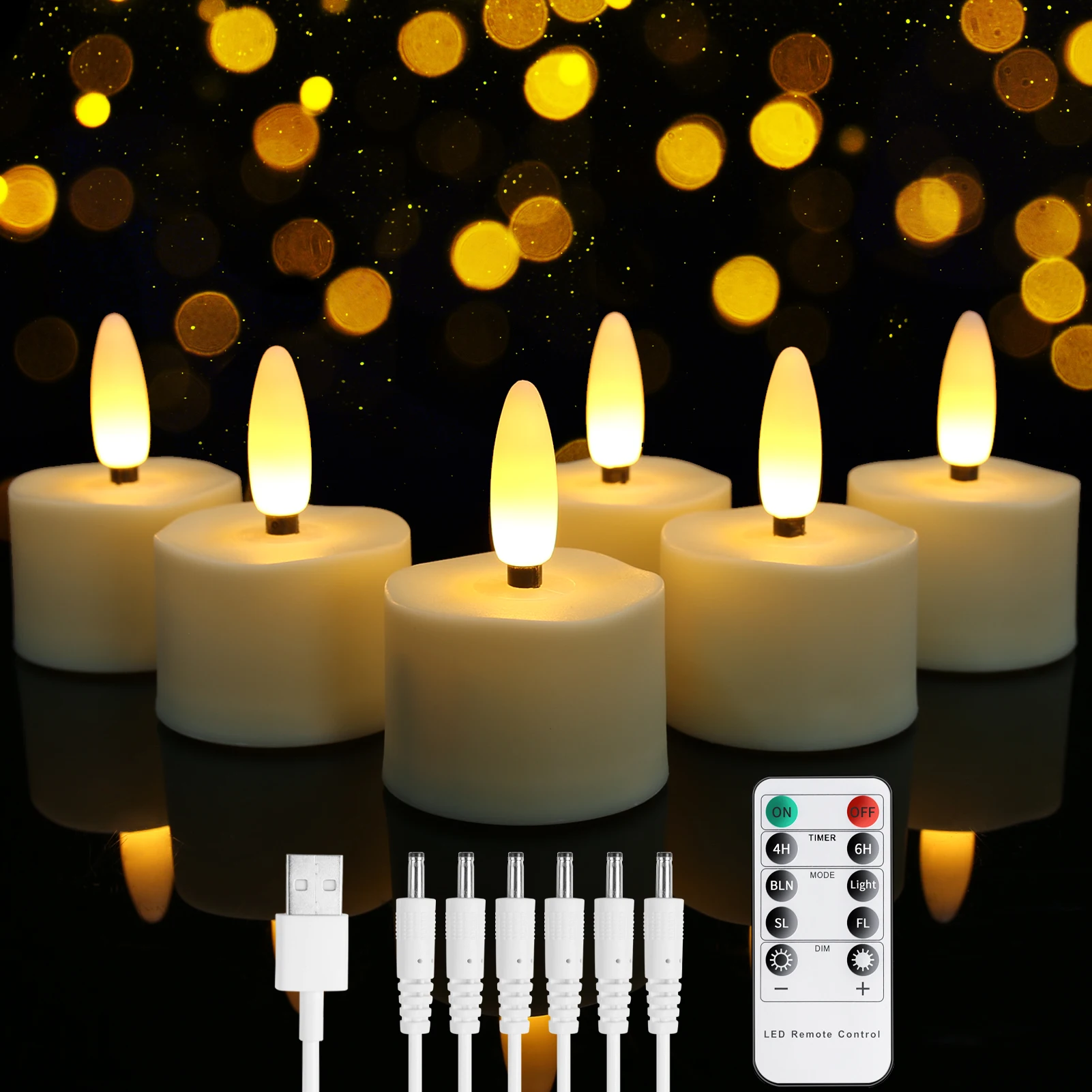 6-Pack Rechargeable Tea Lights Candles with Remote 4H/6H Timer Flameless Flickering Battery Operated LED Tealights for Pumpkins Luminarias Centerpieces 