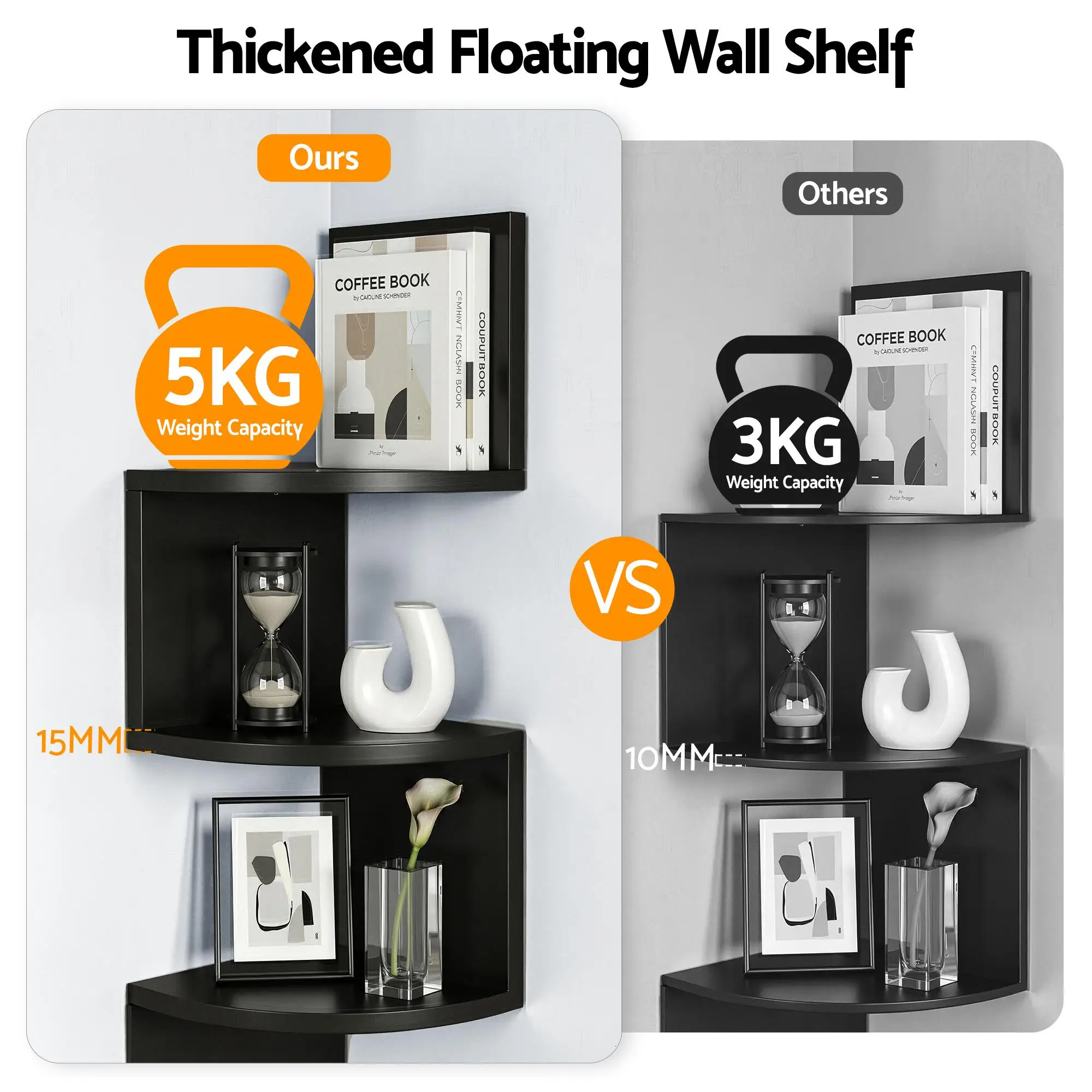 Wall Mounted Corner Bookshelf 5 Tier Black Floating Storage Shelf For Living Room Bedroom Office