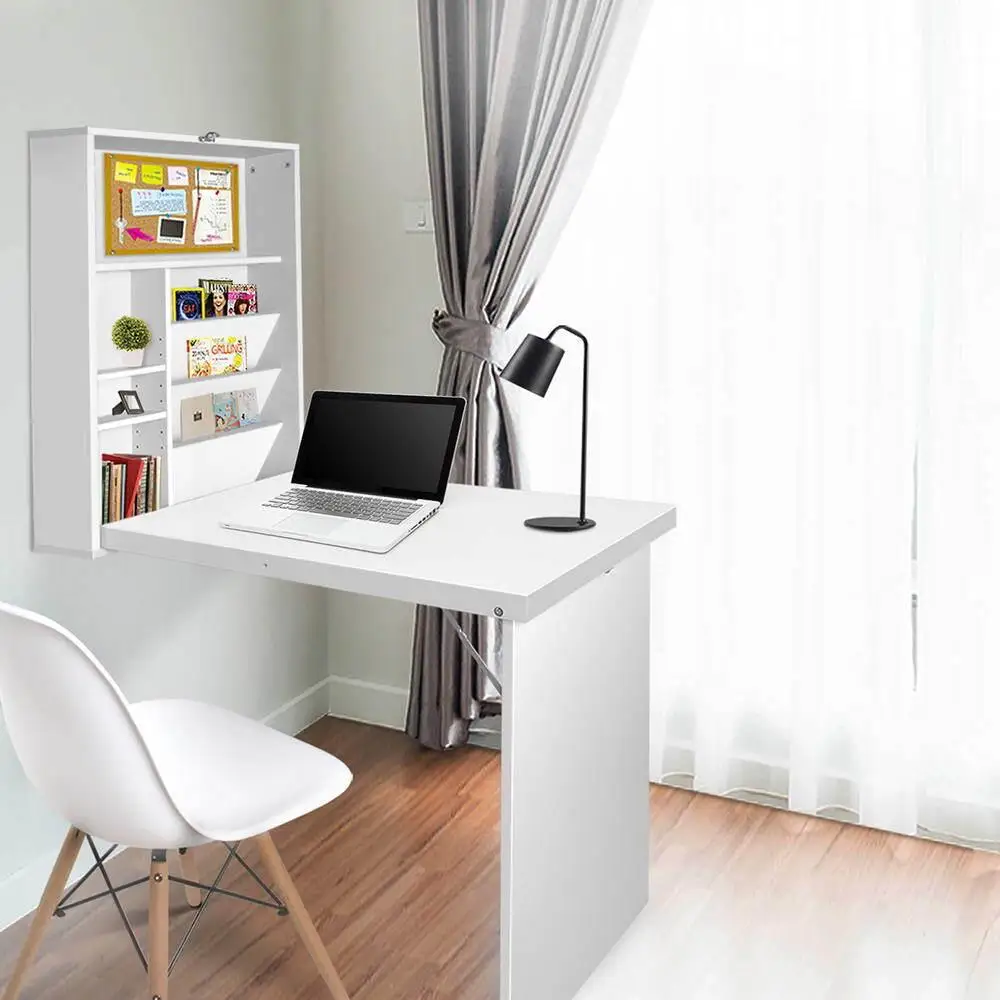 Computer Desk Wall Mounted Bookshelf White Space Saving Storage Rack for Home Office Use