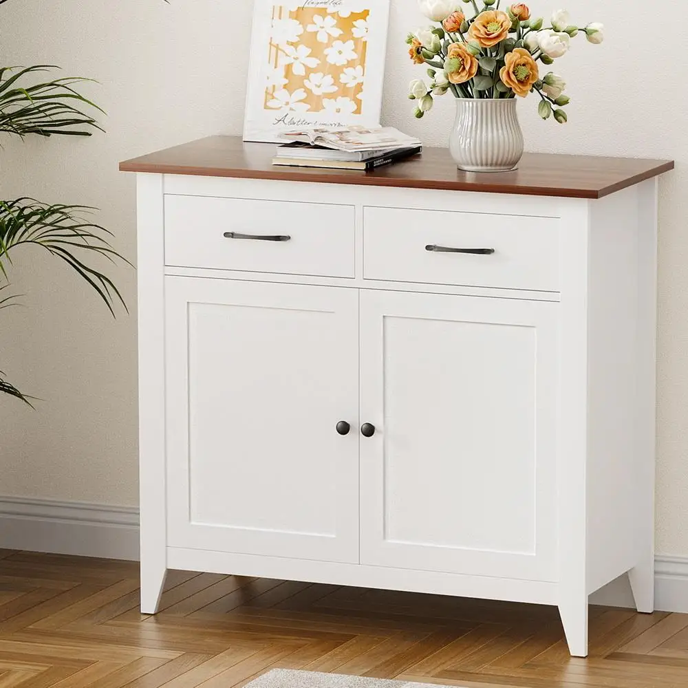 White Buffet Sideboard Storage Cabinet Kitchen Cupboard Hallway Two Drawers Modern Freestanding Storage Unit