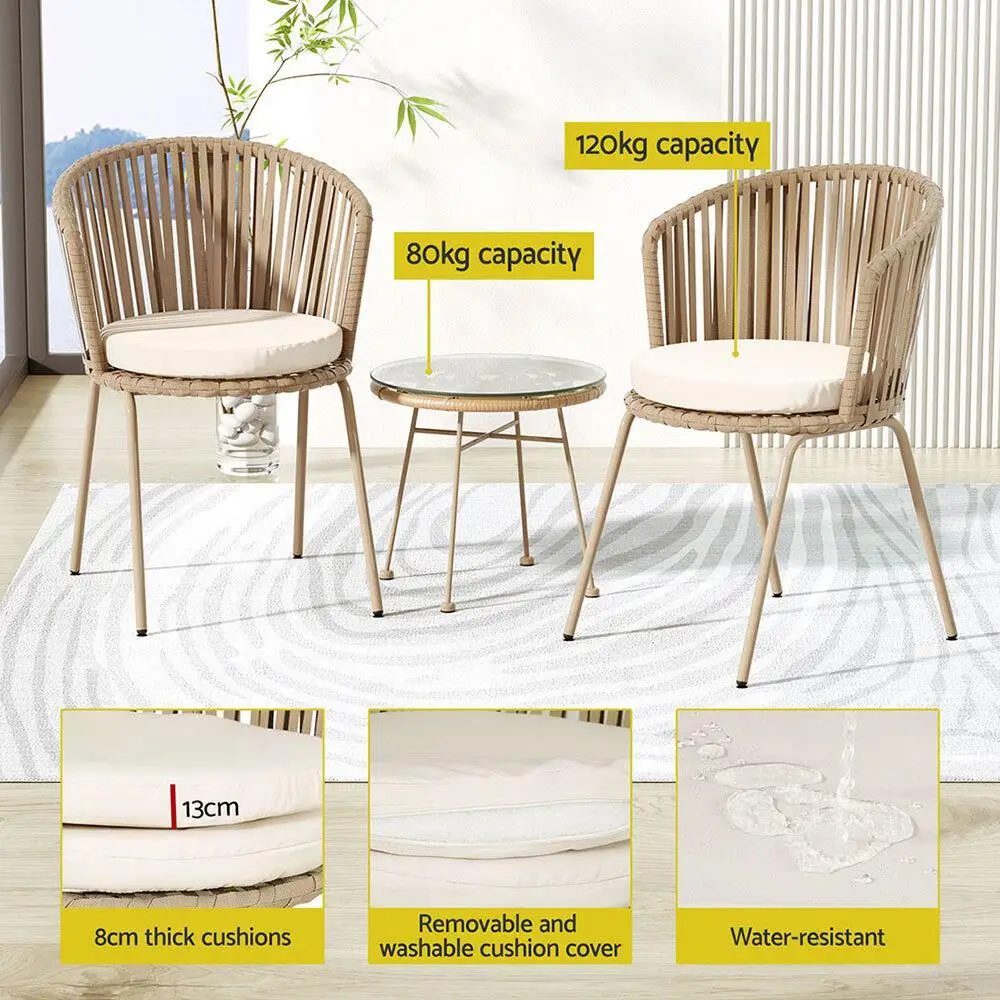 3 Piece Outdoor Bistro Set Patio Furniture Rope Chairs and Table Beige