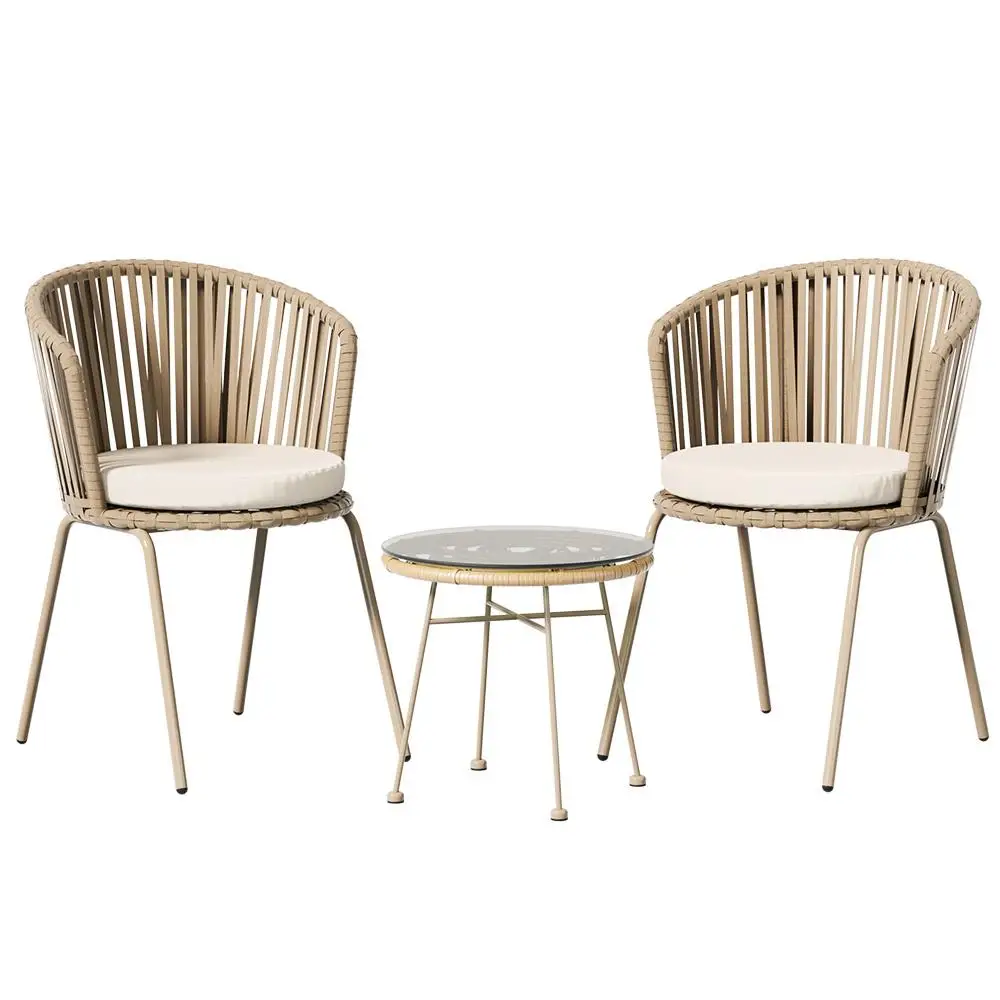 3 Piece Outdoor Bistro Set Patio Furniture Rope Chairs and Table Beige