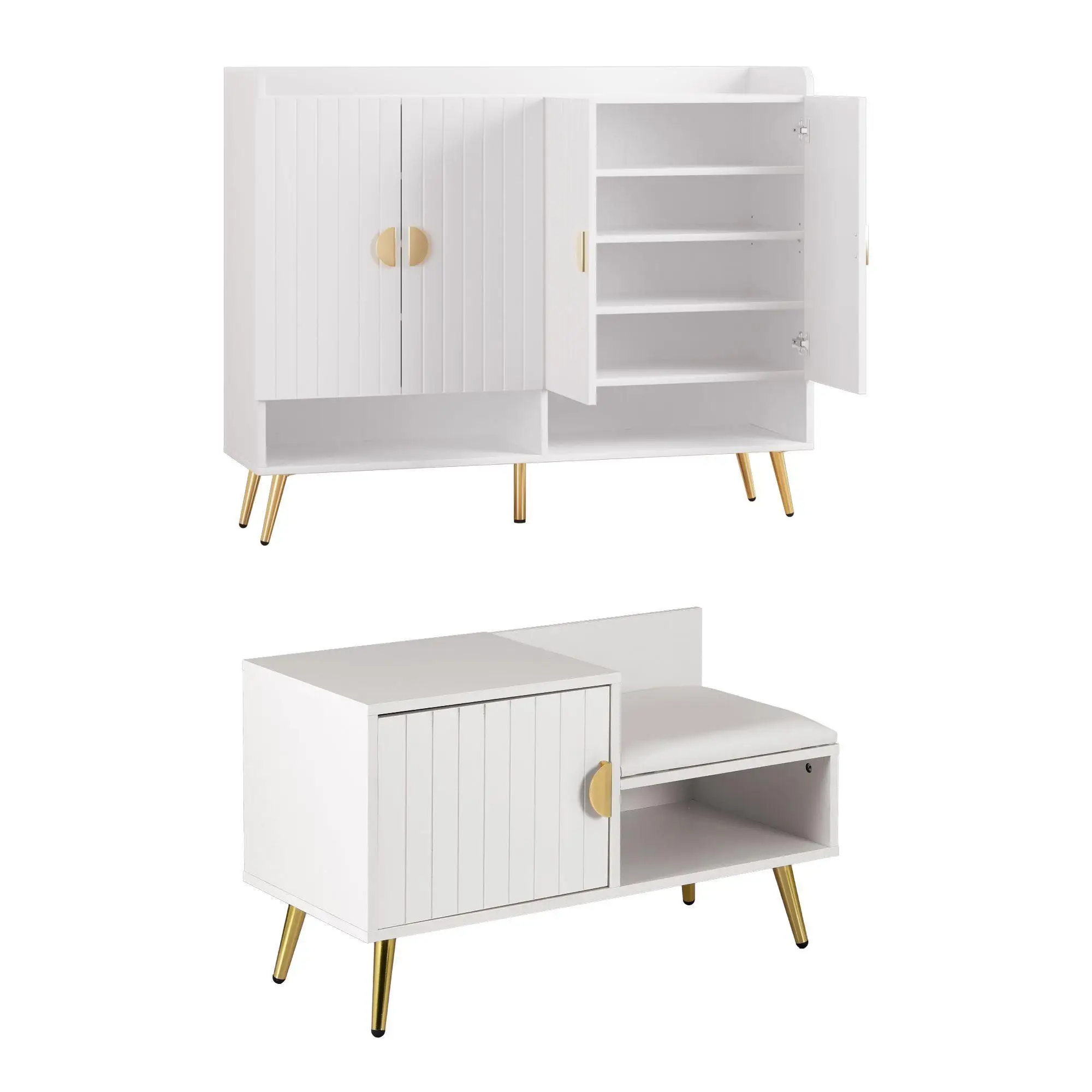 Adjustable Shoe Storage Cabinet Bench for Hallway Living Room White Wooden Organizer with Shelf and Seating