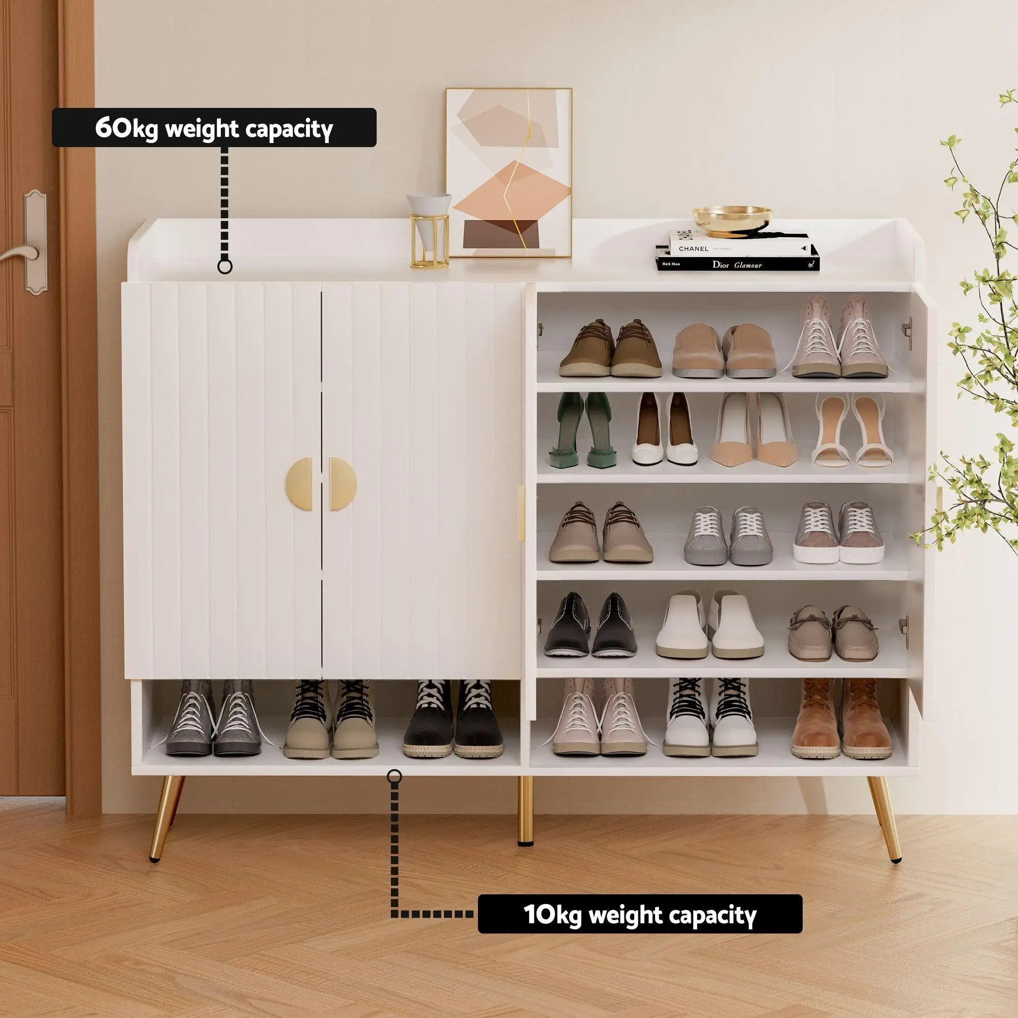 Adjustable Shoe Storage Cabinet Bench for Hallway Living Room White Wooden Organizer with Shelf and Seating