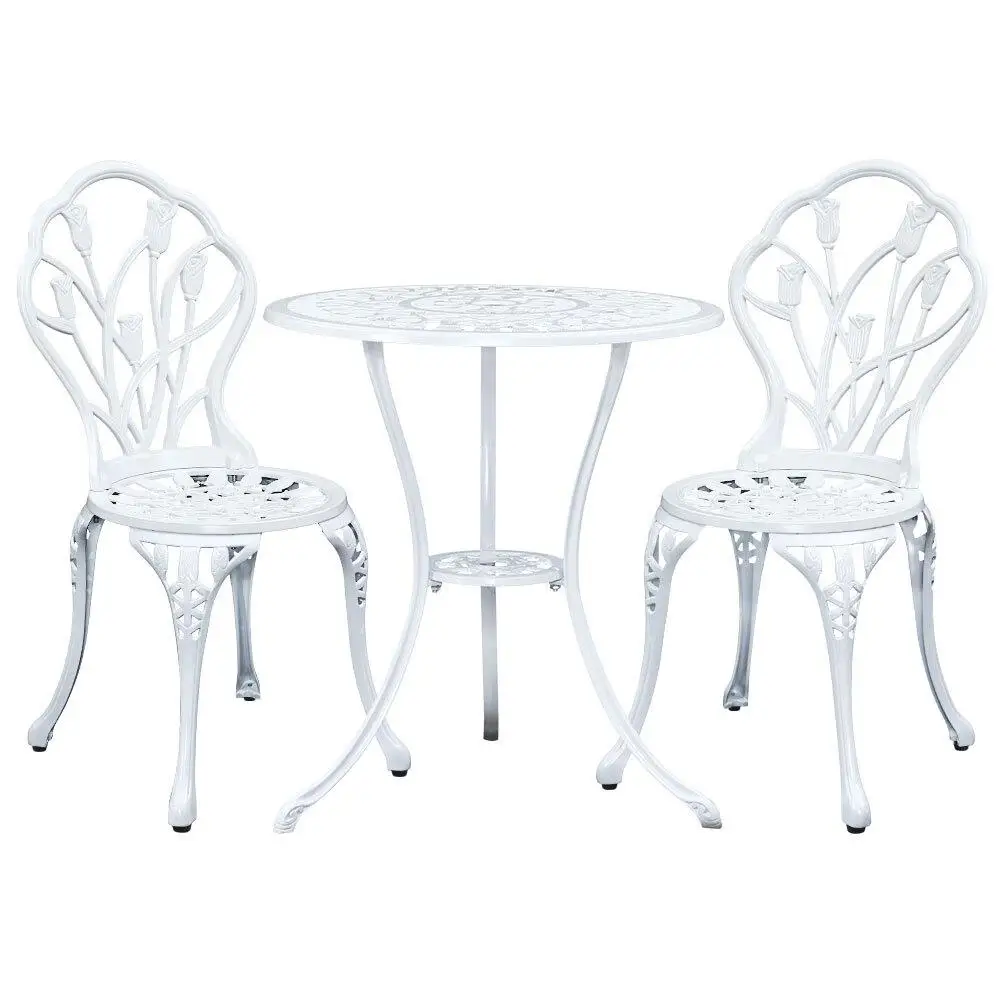 3 Piece Outdoor Bistro Set Cast Aluminum Patio Furniture Tulip White Chairs and Table