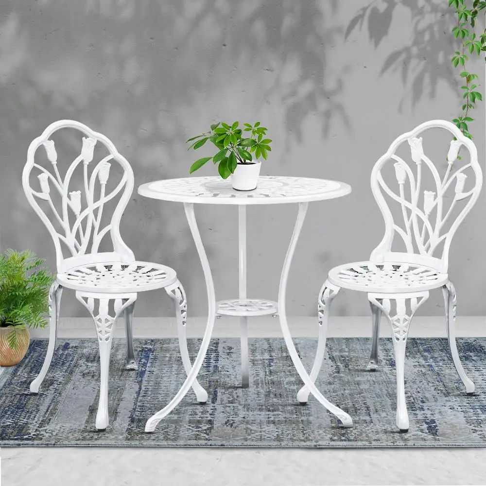 3 Piece Outdoor Bistro Set Cast Aluminum Patio Furniture Tulip White Chairs and Table
