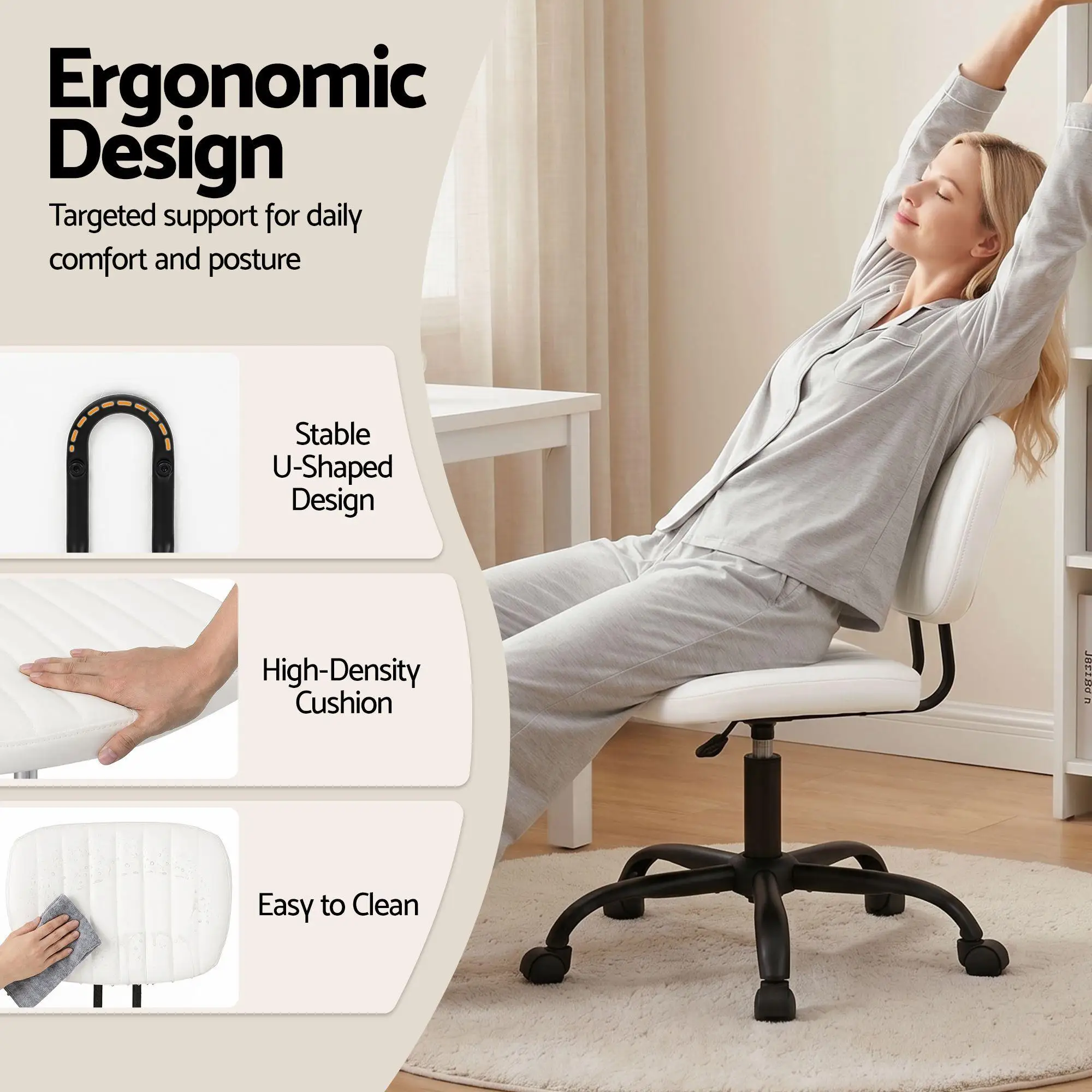 Armless White Office Chair with Wheels Ergonomic PU Leather Adjustable Swivel Task Chair for home Study and Small Spaces