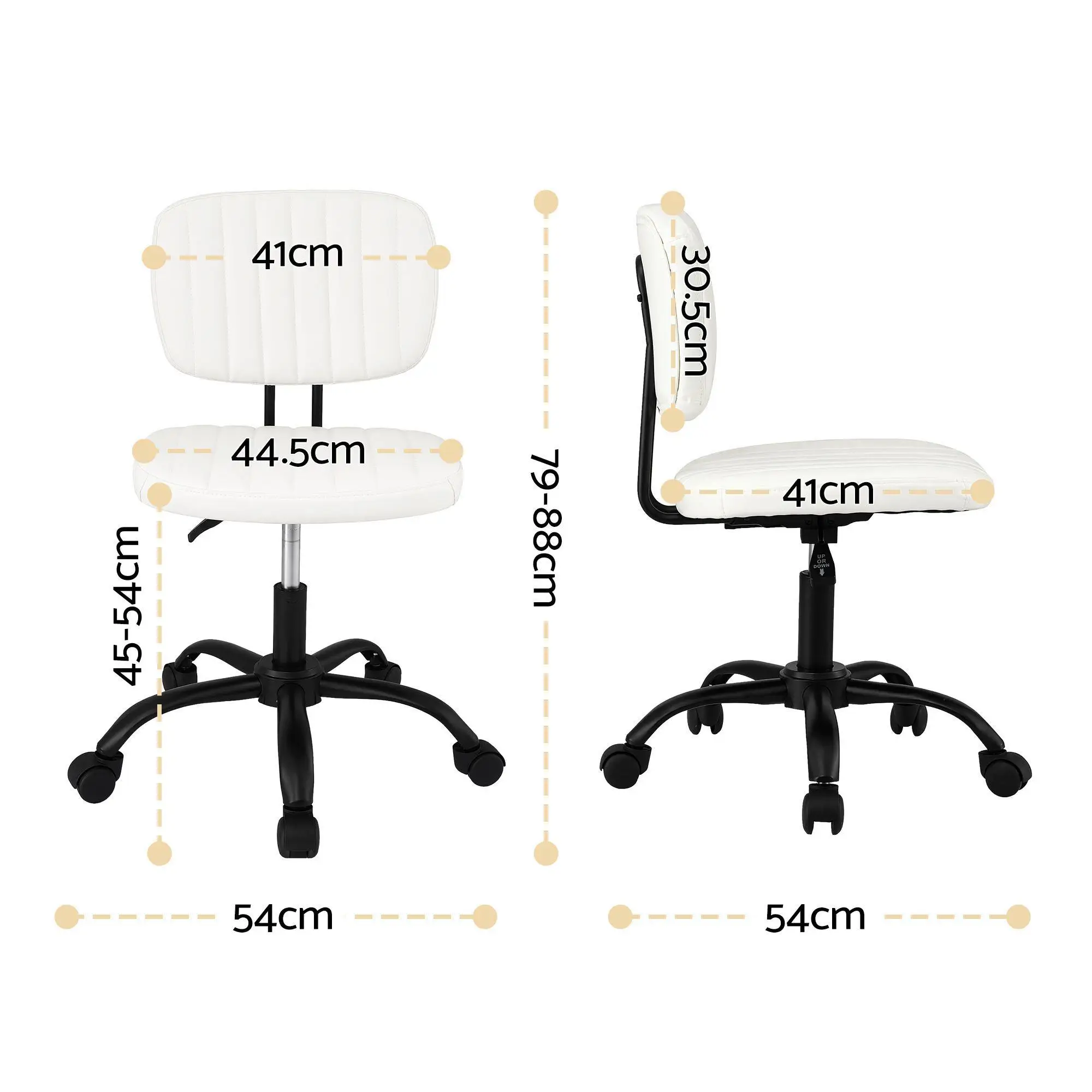 Armless White Office Chair with Wheels Ergonomic PU Leather Adjustable Swivel Task Chair for home Study and Small Spaces