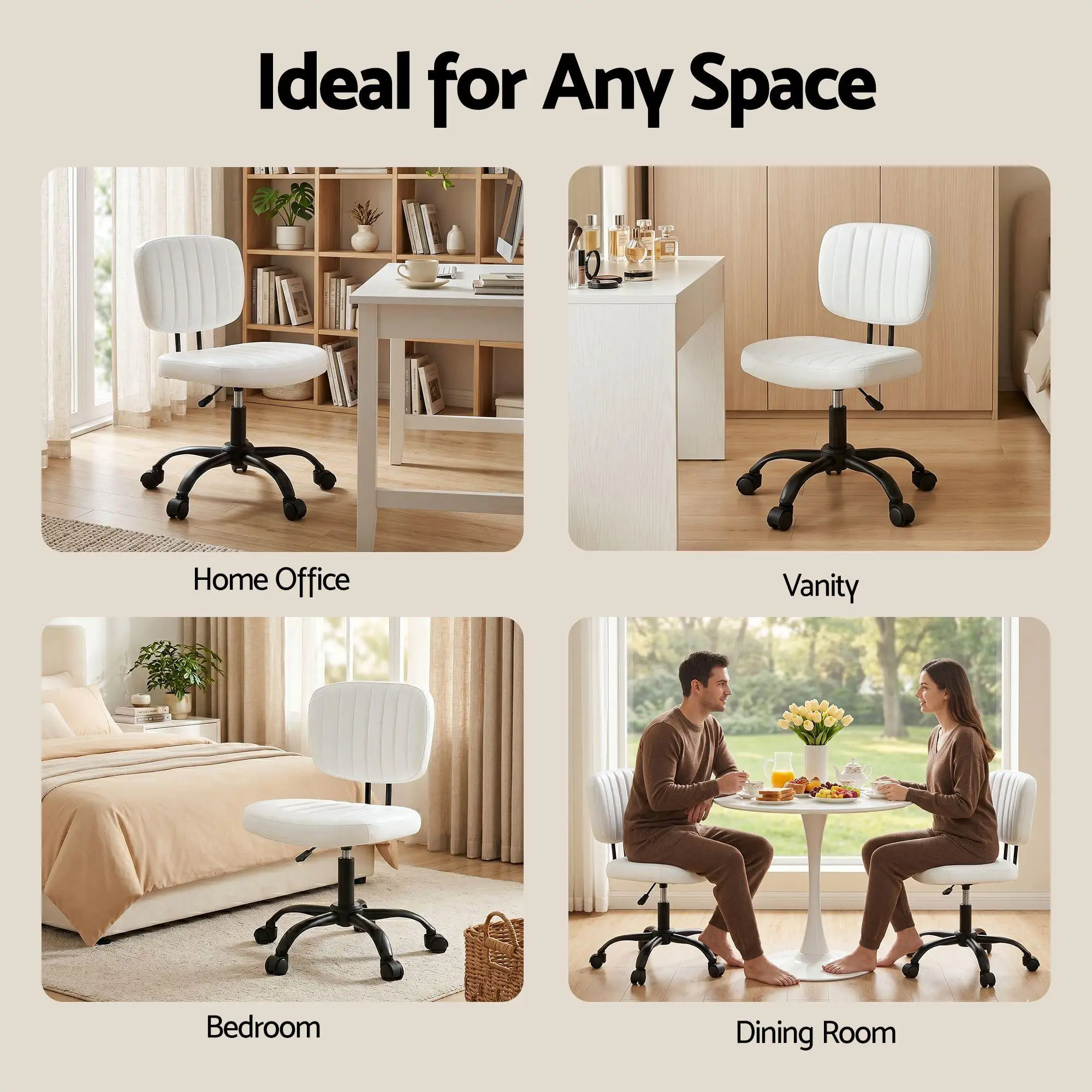 Armless White Office Chair with Wheels Ergonomic PU Leather Adjustable Swivel Task Chair for home Study and Small Spaces