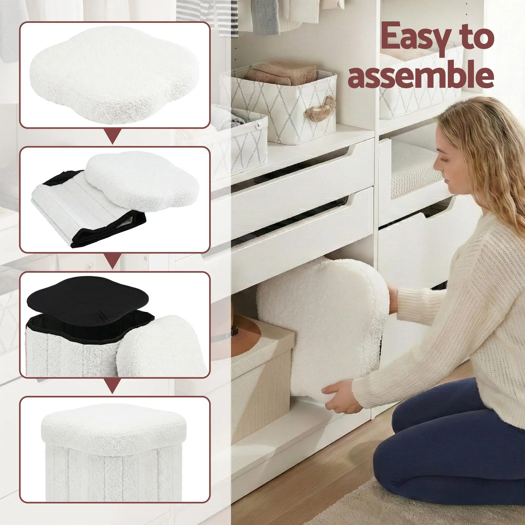Foldable Storage Ottoman Footstool White Padded Seat Bench Organizer for Bedroom Living Room Home
