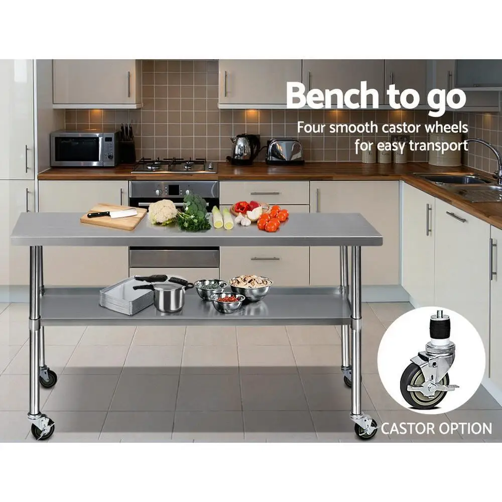 1829x610mm Stainless Steel Kitchen Workbench with Wheels 430 Grade Mobile Prep Table