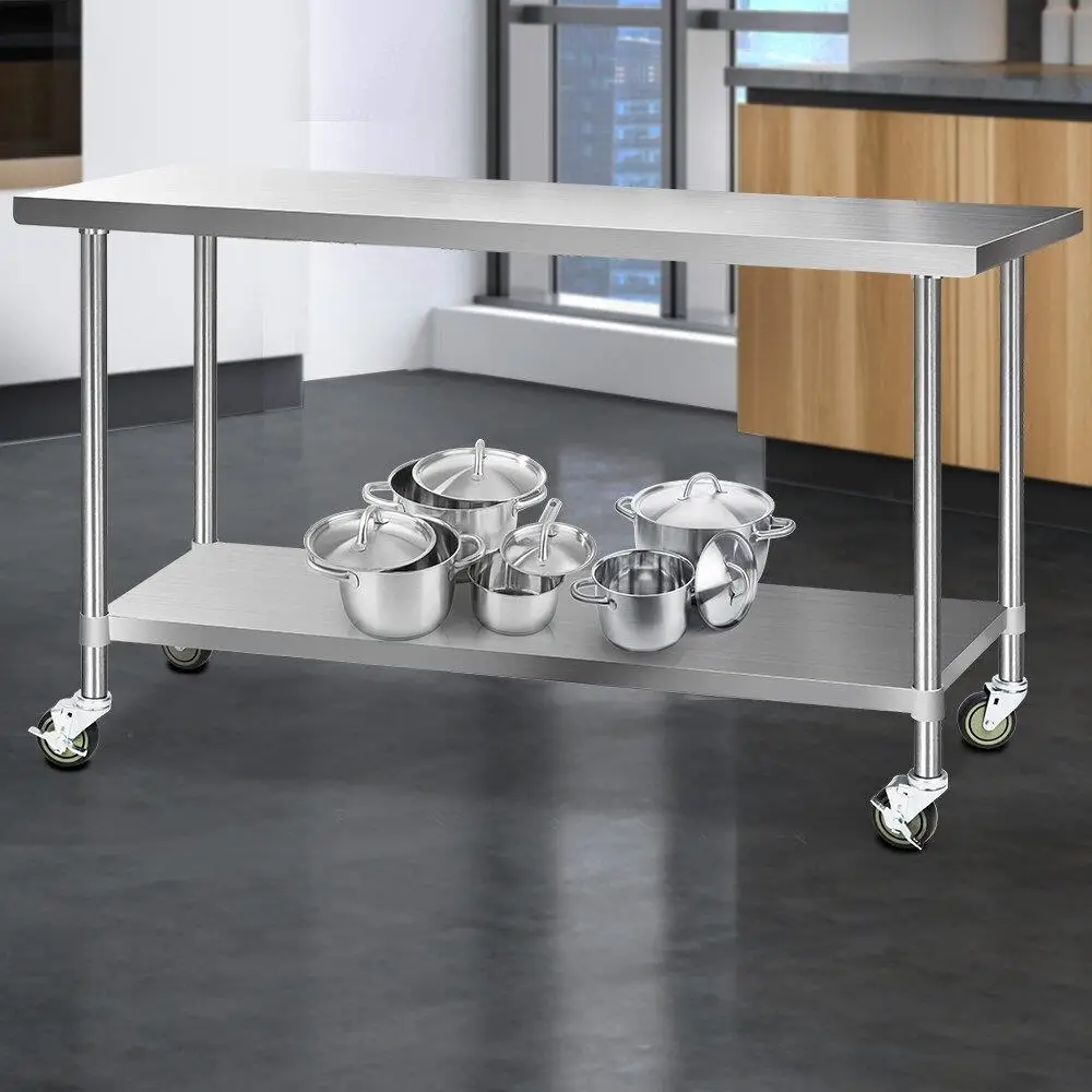 1829x610mm Stainless Steel Kitchen Workbench with Wheels 430 Grade Mobile Prep Table