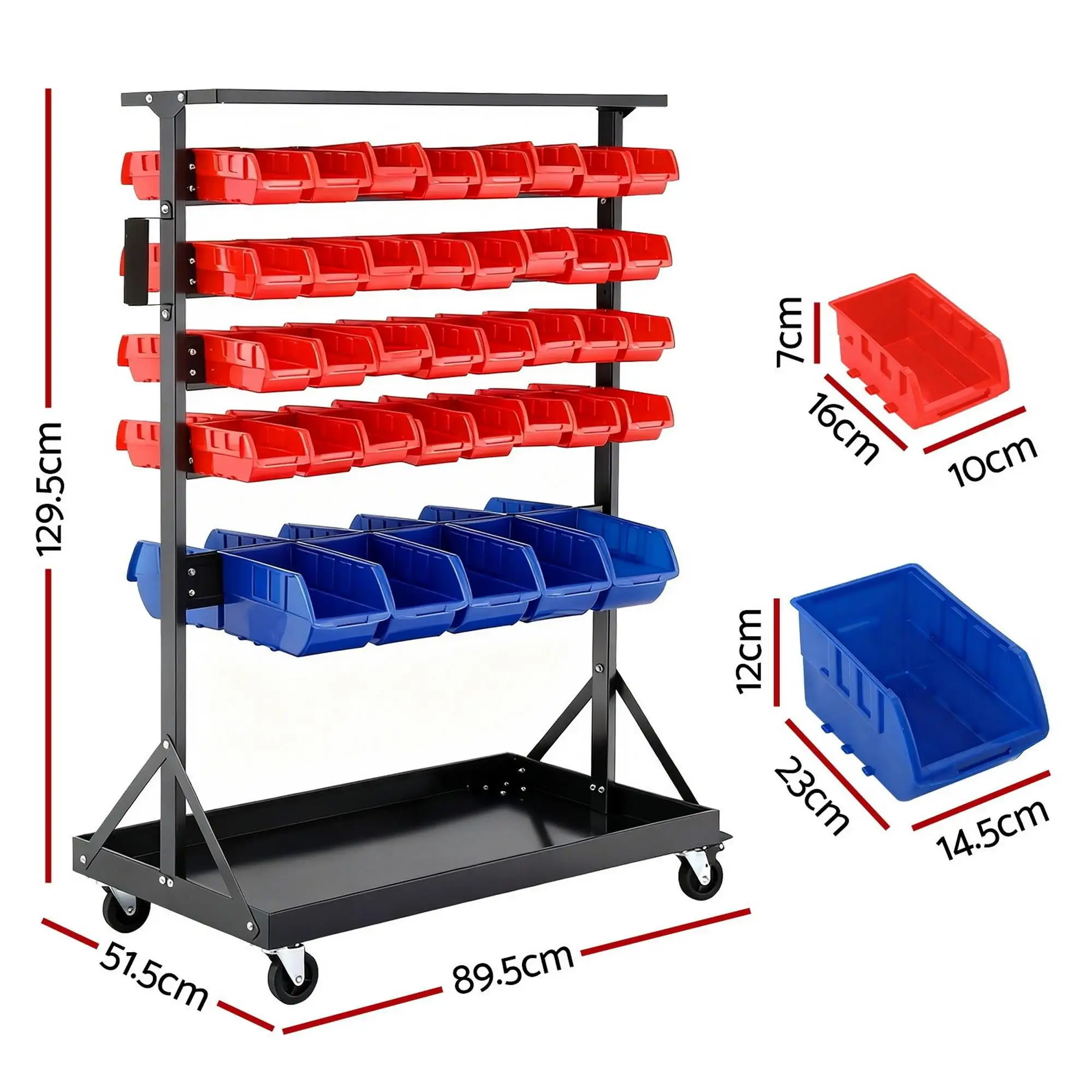 74 Bin Double Sided Mobile Storage Rack Garage Workshop Tool Organizer with Casters for Small Parts Hardware and Accessories