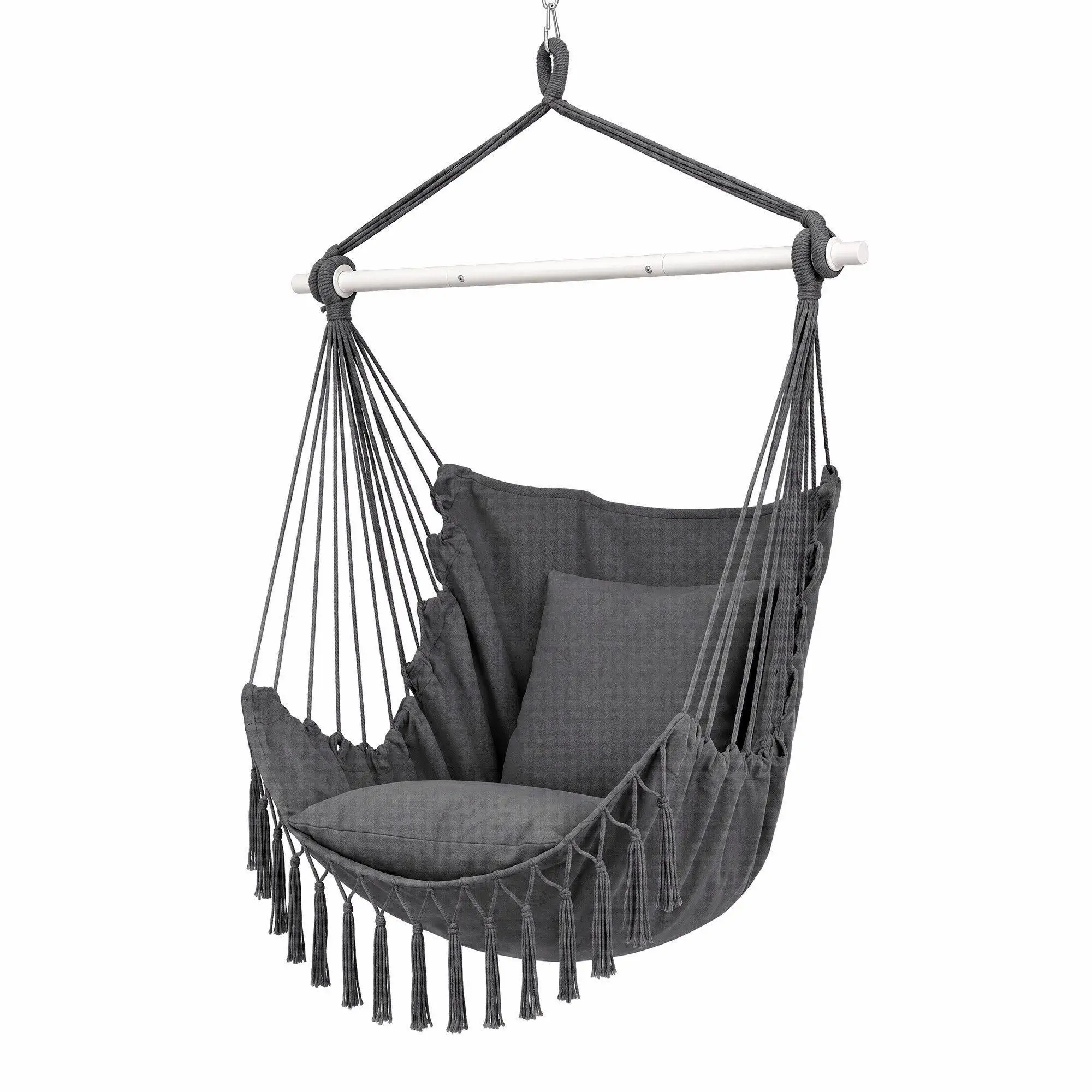 Hammock Chair Camping Macrame Hanging Swing Cushion Metal Bar Grey Cotton Rope Patio Relaxing Seat Indoor Outdoor Swing Chair
