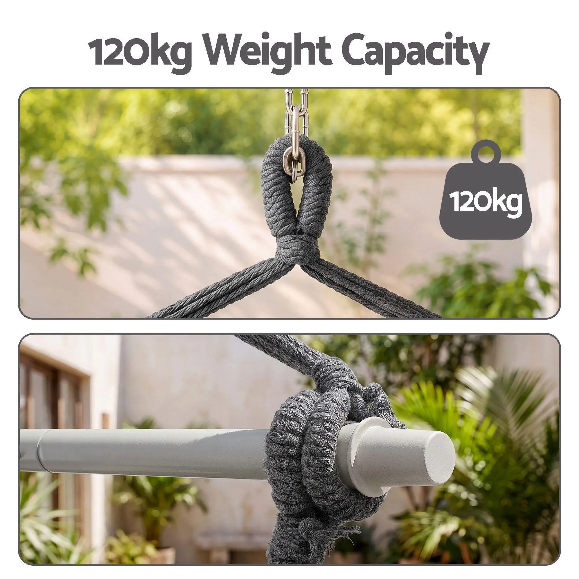 Hammock Chair Camping Macrame Hanging Swing Cushion Metal Bar Grey Cotton Rope Patio Relaxing Seat Indoor Outdoor Swing Chair