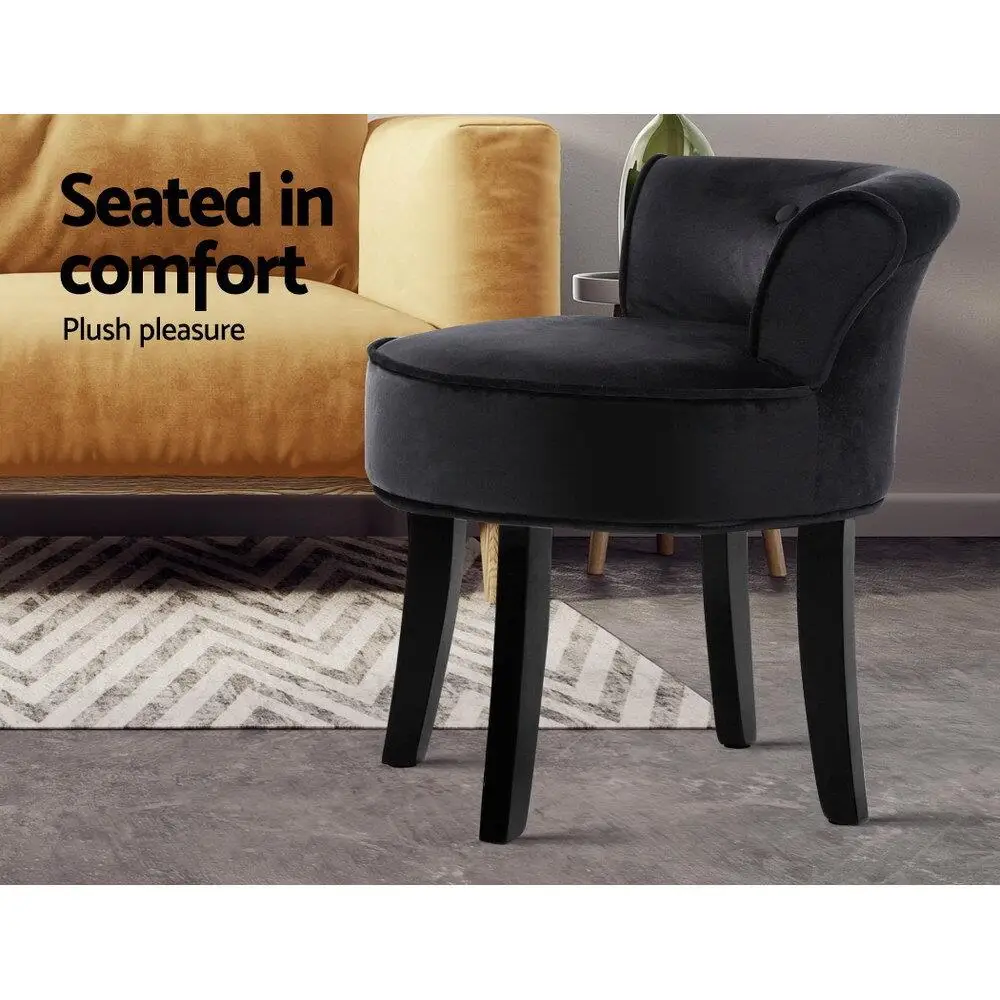 Velvet Black Vanity Stool Modern Upholstered Dressing Chair Compact Accent Seat for Bedroom Makeup Room