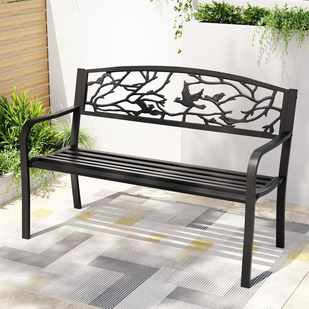 Outdoor Steel Garden Bench 3 Seater Black Park Patio Furniture Seat Outdoor Use