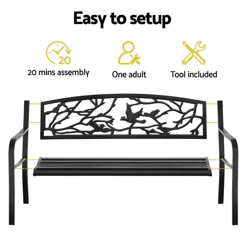 Outdoor Steel Garden Bench 3 Seater Black Park Patio Furniture Seat Outdoor Use