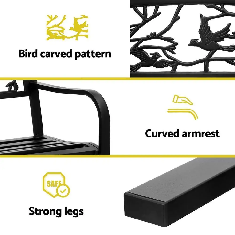 Outdoor Steel Garden Bench 3 Seater Black Park Patio Furniture Seat Outdoor Use
