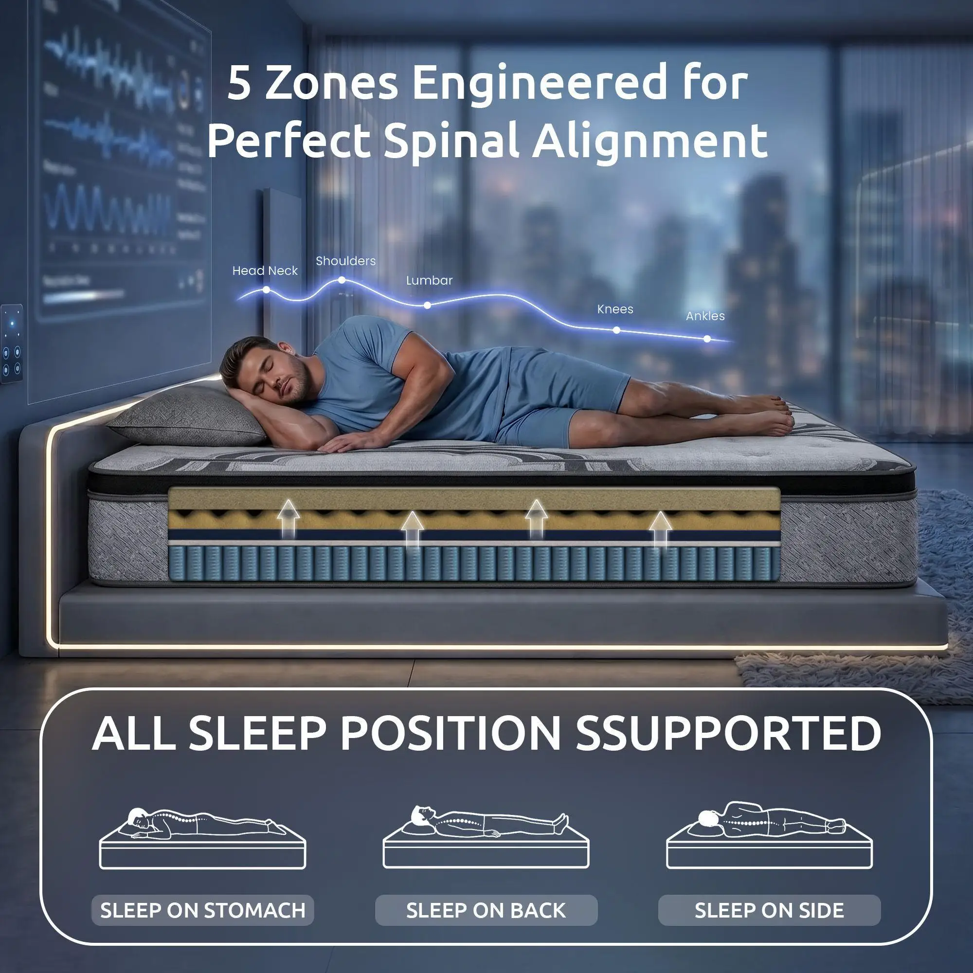 King Single Mattress 34cm 5 Zone Pocket Spring with Latex Memory Foam Extra Lumbar and Shoulder Support