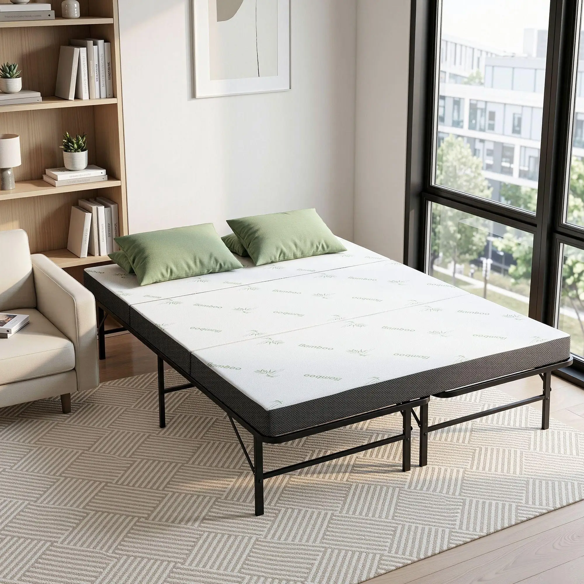 Double Folding Bed with Mattress Portable Guest Bed Bamboo Cover Space Saving Foldable Sleeping Cot for Home Office Travel and Visitors