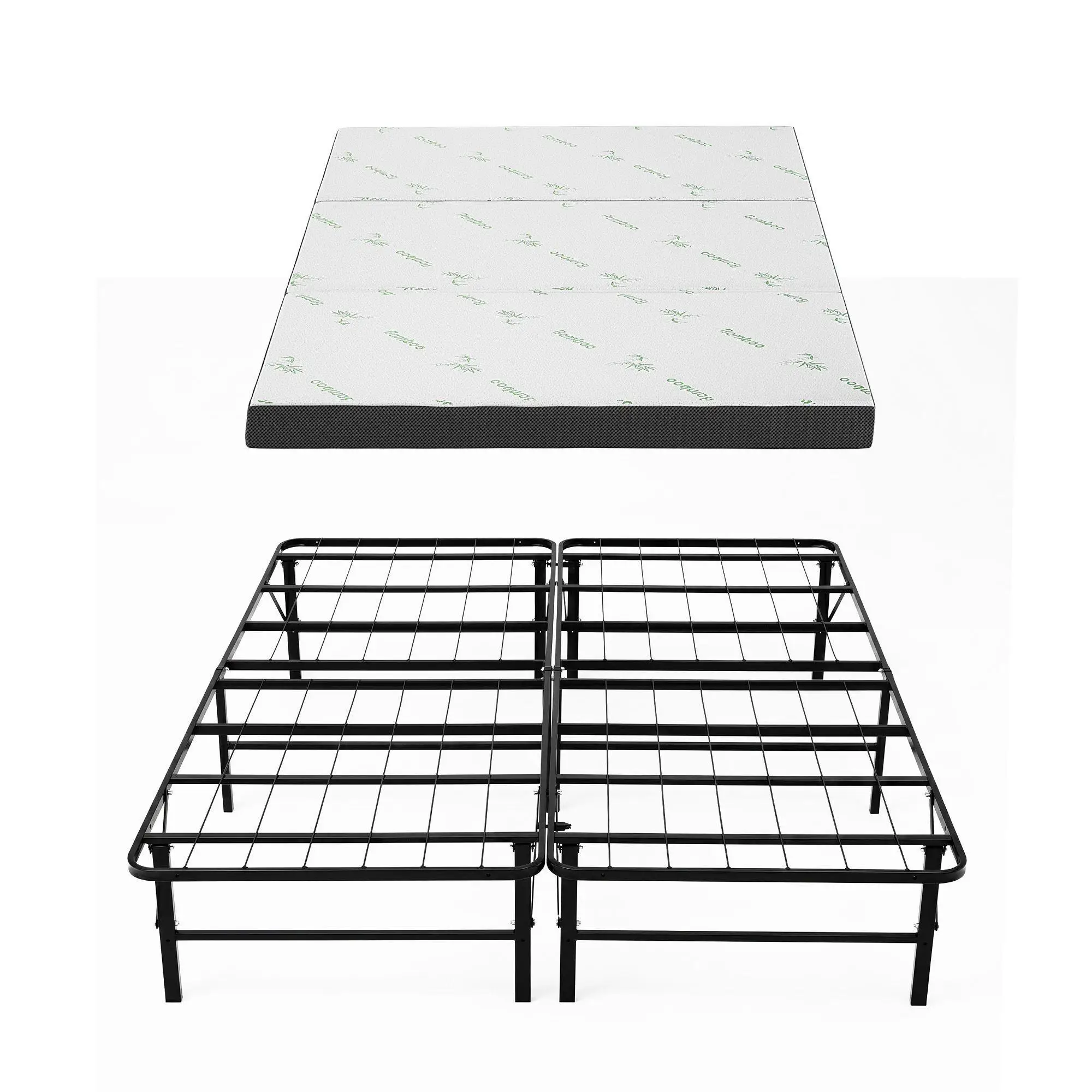 Double Folding Bed with Mattress Portable Guest Bed Bamboo Cover Space Saving Foldable Sleeping Cot for Home Office Travel and Visitors