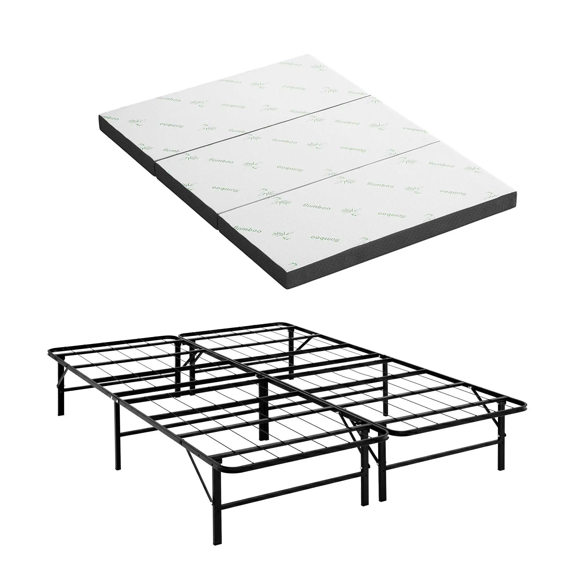 Double Folding Bed with Mattress Portable Guest Bed Bamboo Cover Space Saving Foldable Sleeping Cot for Home Office Travel and Visitors