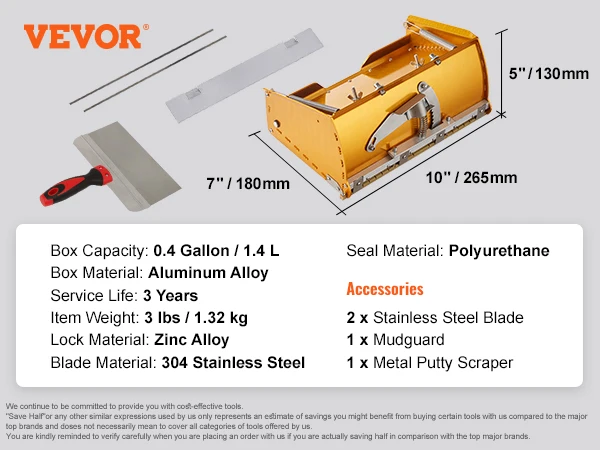 VEVOR Drywall Flat Box 10-Inch Wide Quick Clean Aluminum Finishing Mud for Plasterboard Wallboard Extra 2 Blades (10-Inch)